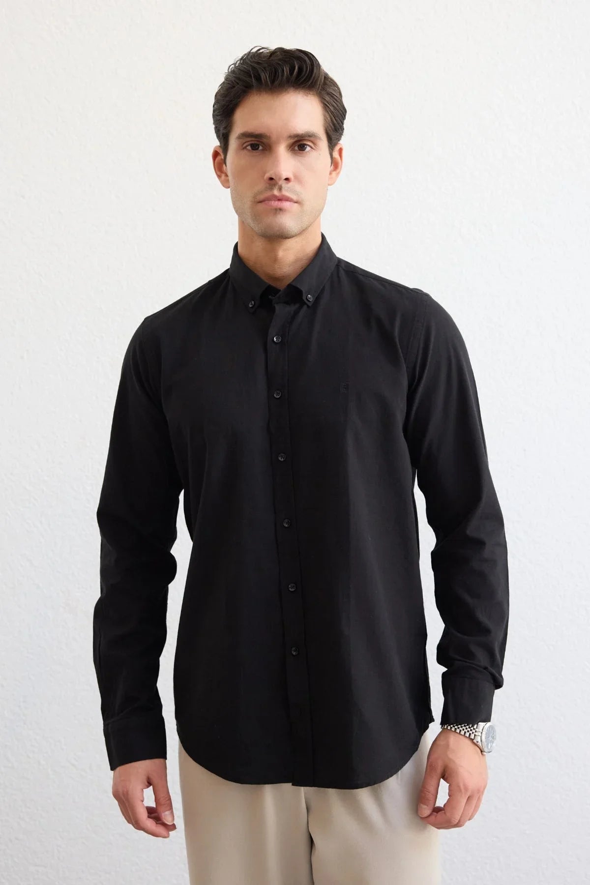 turi-erkek-pamuk-gomlek-modern-slim-fit-keten-gorunumlu-uzun-kol-24078 - Livio Ferri