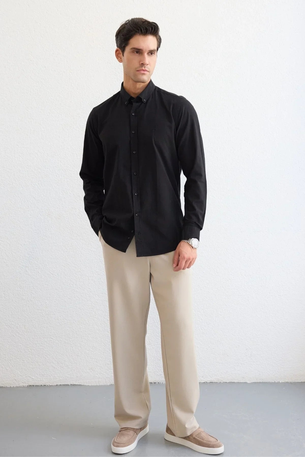 turi-erkek-pamuk-gomlek-modern-slim-fit-keten-gorunumlu-uzun-kol-24080 - Livio Ferri