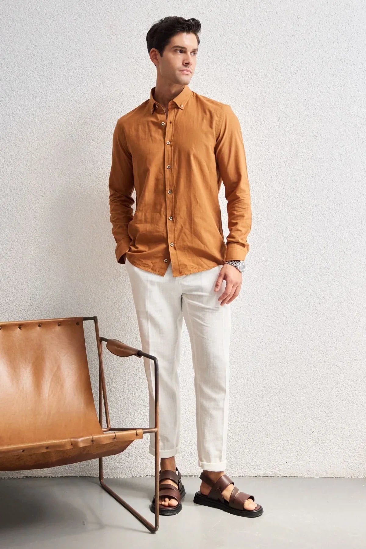 turi-erkek-pamuk-gomlek-modern-slim-fit-keten-gorunumlu-uzun-kol-24085 - Livio Ferri