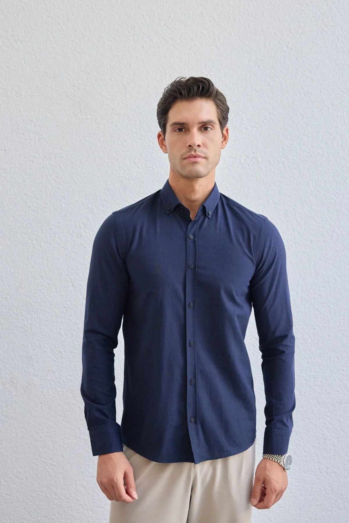 turi-erkek-pamuk-gomlek-modern-slim-fit-keten-gorunumlu-uzun-kol-24091 - Livio Ferri