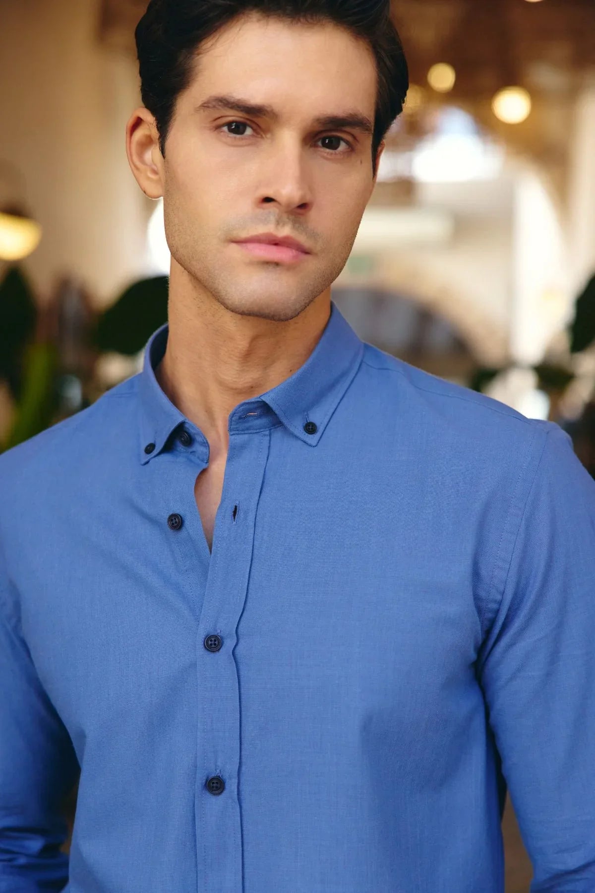 turi-erkek-pamuk-gomlek-modern-slim-fit-keten-gorunumlu-uzun-kol-24093 - Livio Ferri