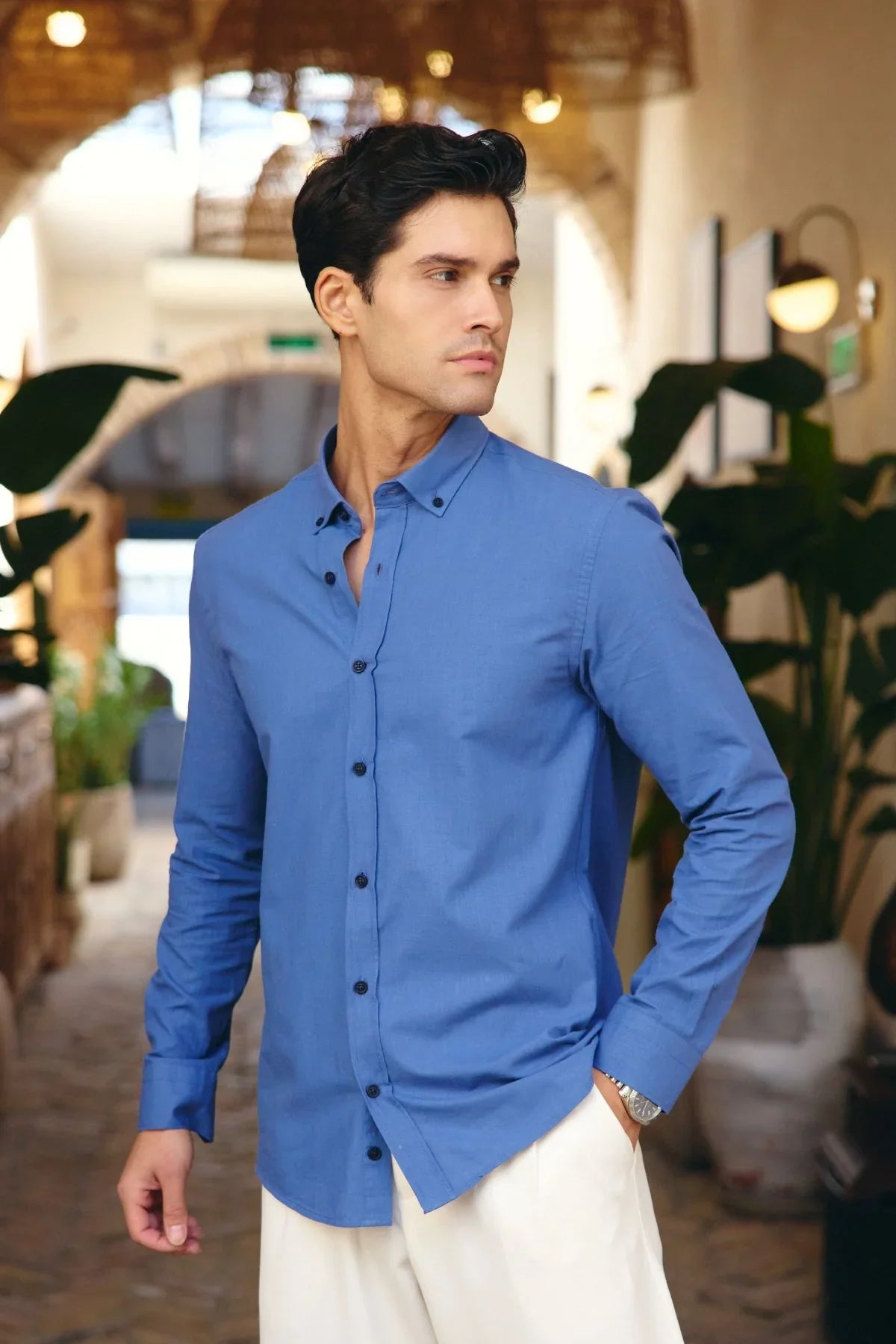 turi-erkek-pamuk-gomlek-modern-slim-fit-keten-gorunumlu-uzun-kol-24094 - Livio Ferri