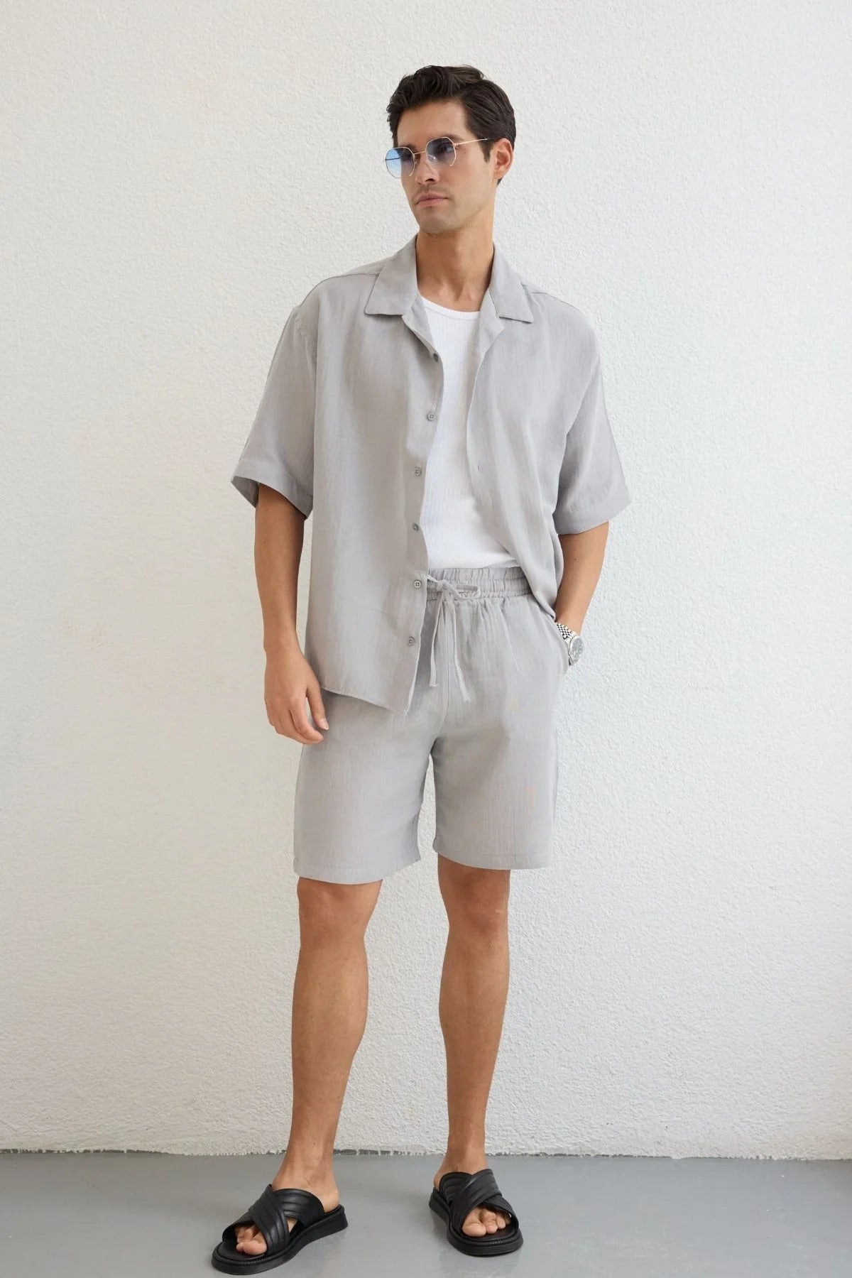 Xar Erkek Oversize Müslin Şort Gömlek Takım %100 Pamuk Soft Feel - Livio Ferri