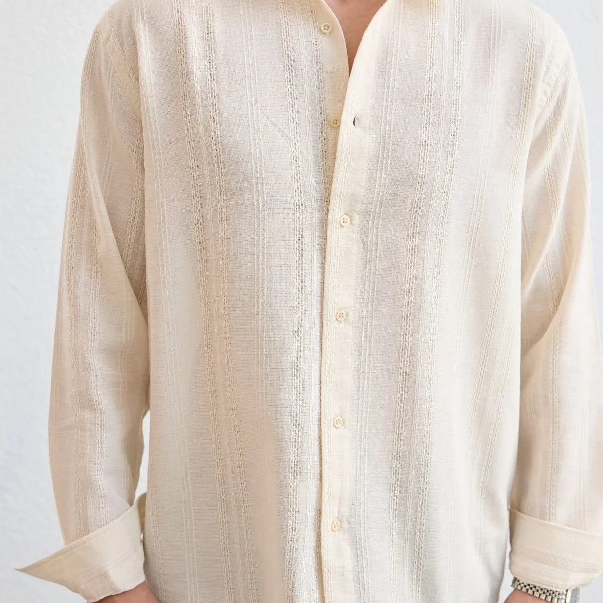 yuji-kendinden-desenli-keten-gorunumlu-pamuk-oversize-erkek-gomlek-23696 - Livio Ferri
