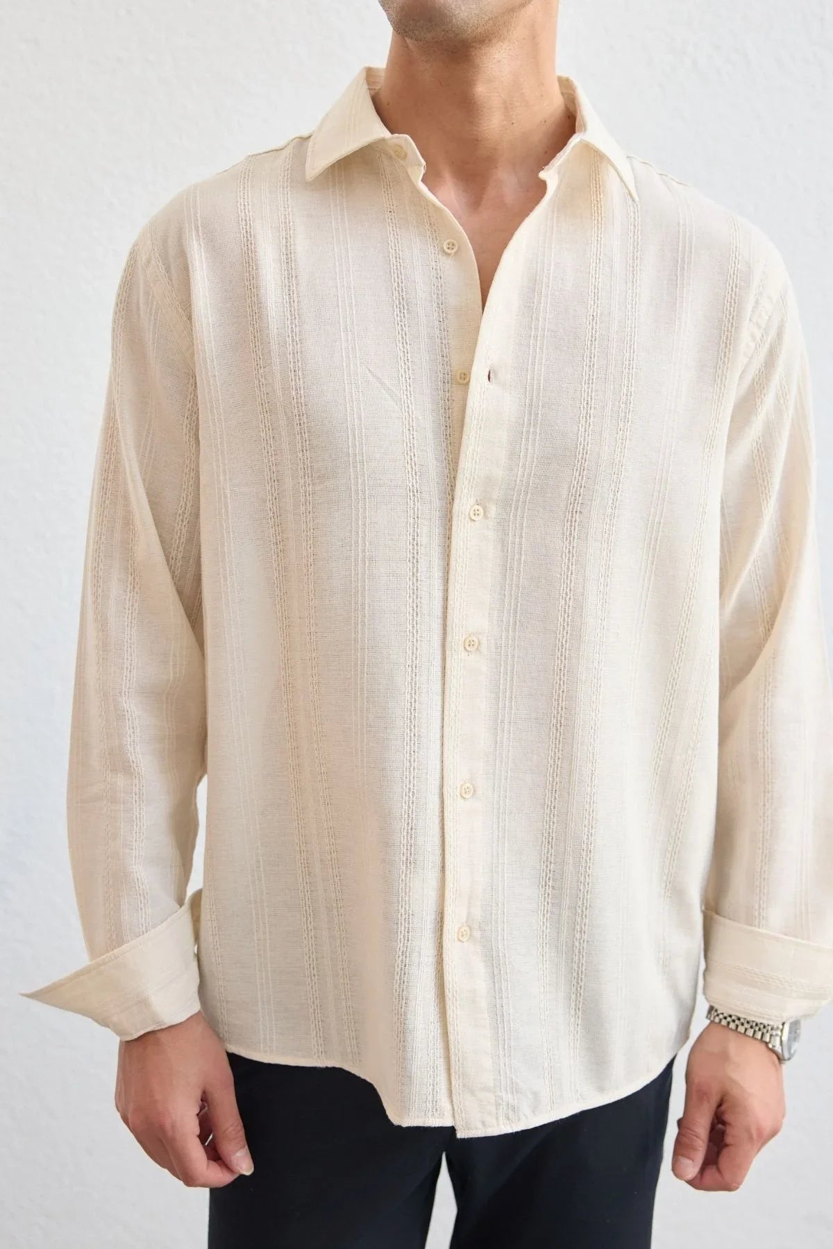 Yuji Kendinden Desenli Keten Görünümlü Pamuk Oversize Erkek Gömlek - Livio Ferri