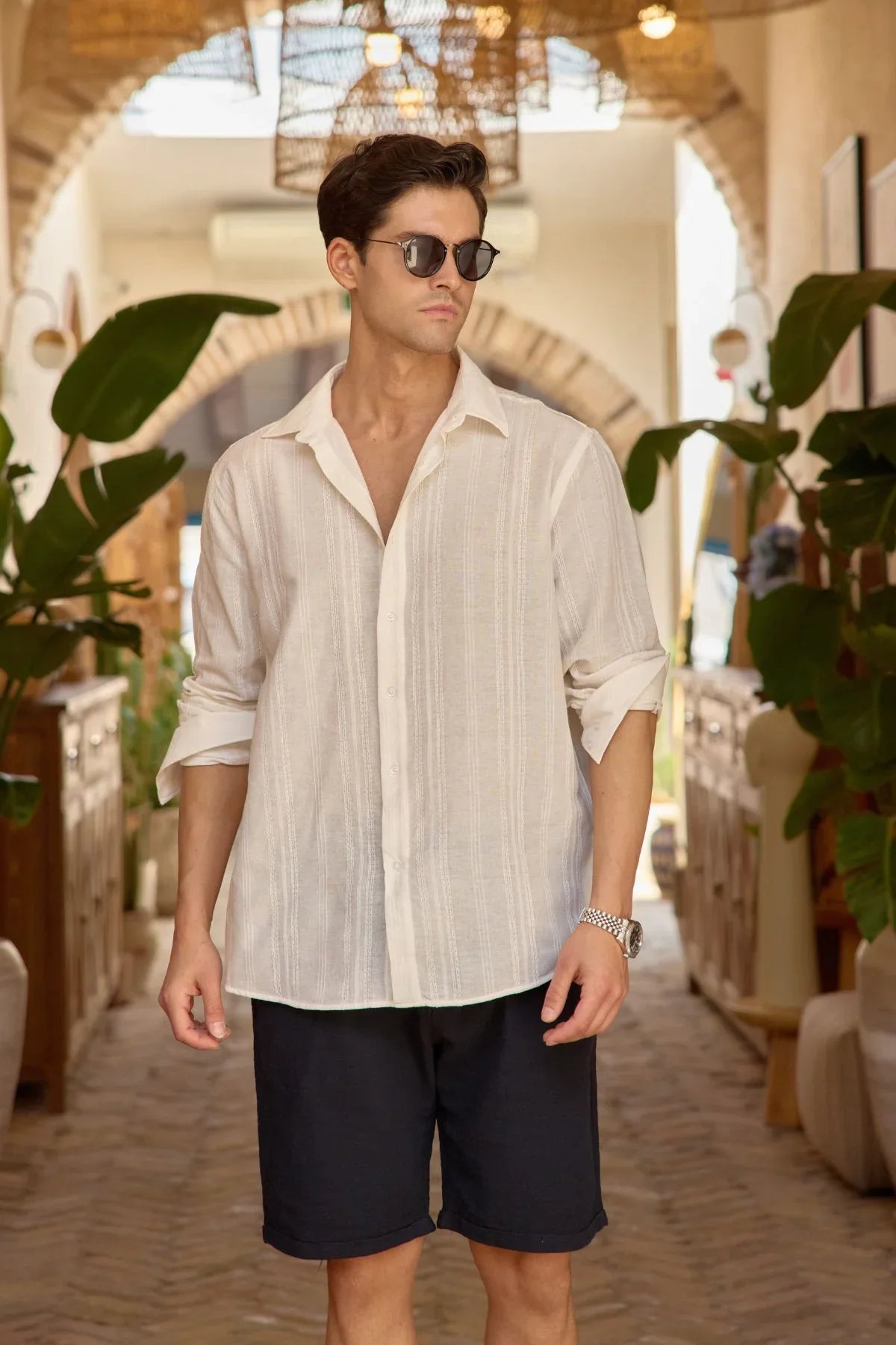 Yuji Kendinden Desenli Keten Görünümlü Pamuk Oversize Erkek Gömlek - Livio Ferri