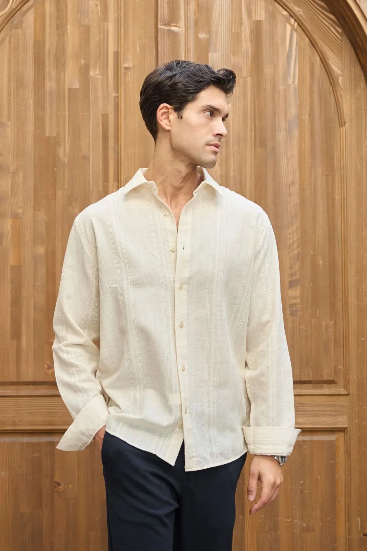 Yuji Kendinden Desenli Keten Görünümlü Pamuk Oversize Erkek Gömlek - Livio Ferri