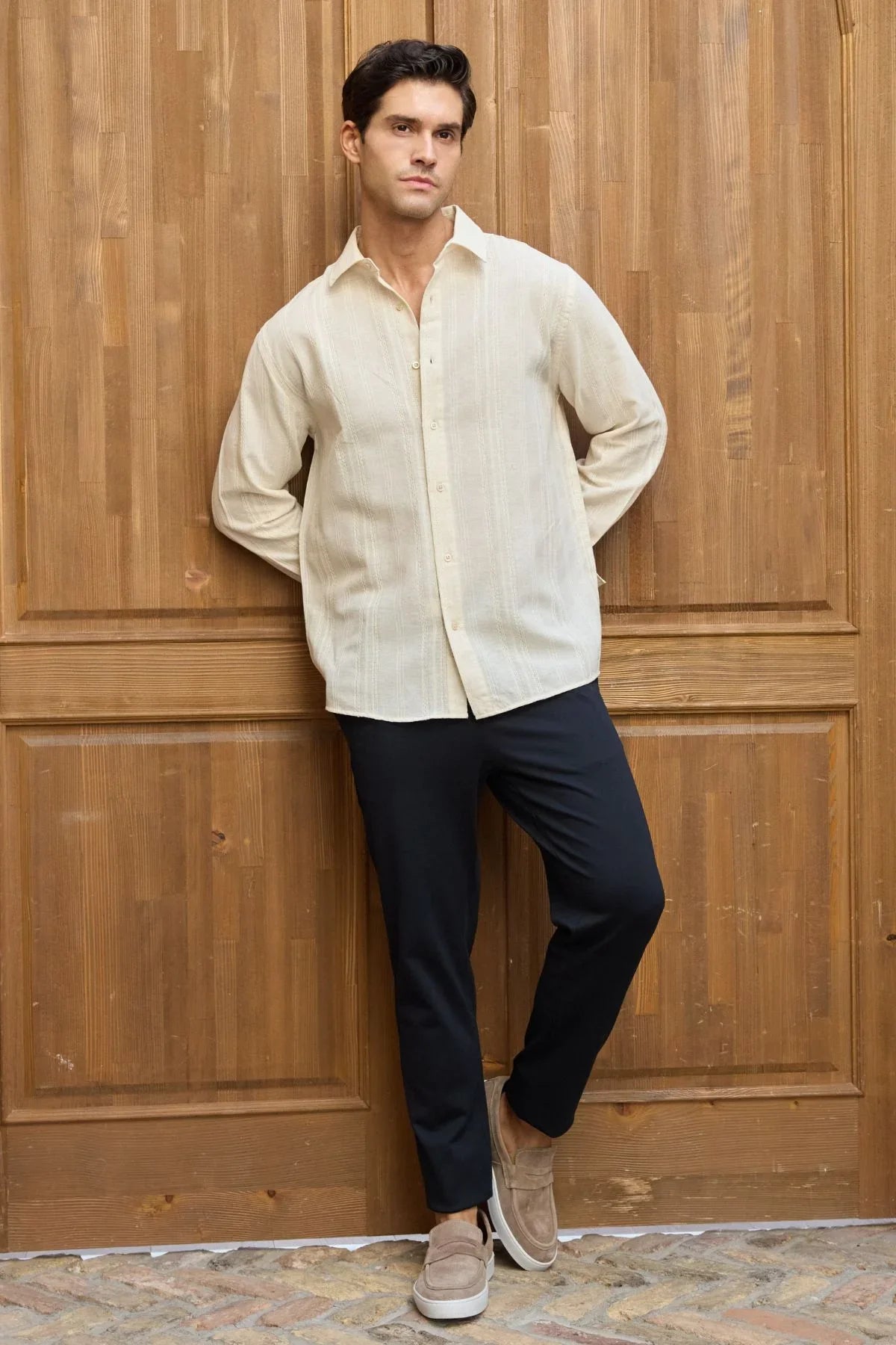 Yuji Kendinden Desenli Keten Görünümlü Pamuk Oversize Erkek Gömlek - Livio Ferri