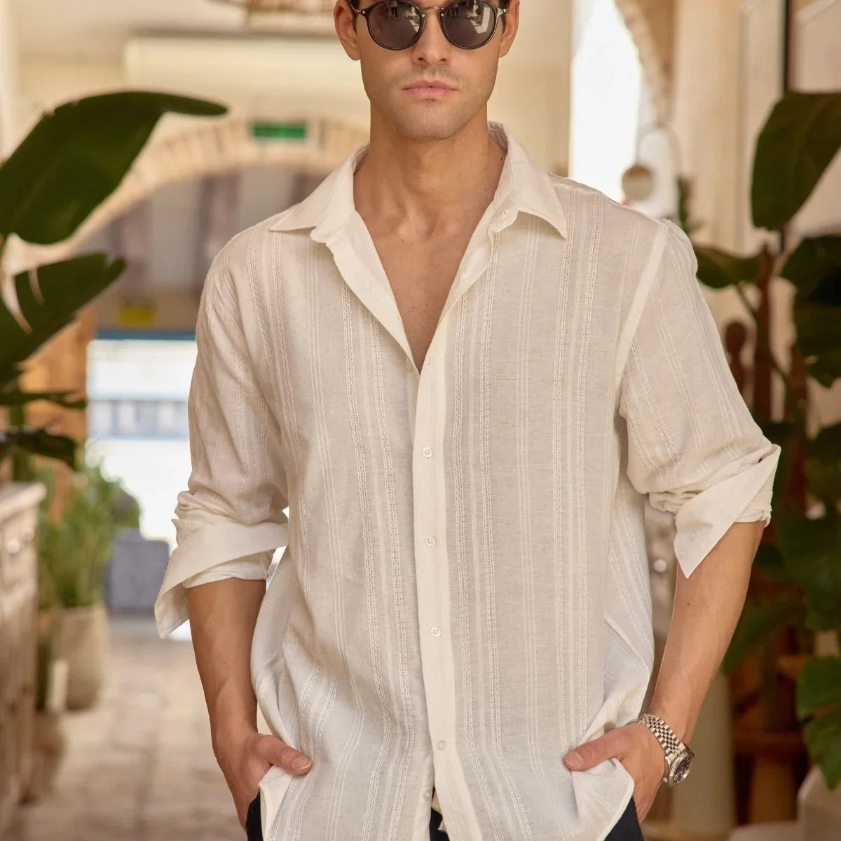 yuji-kendinden-desenli-keten-gorunumlu-pamuk-oversize-erkek-gomlek-23952 - Livio Ferri