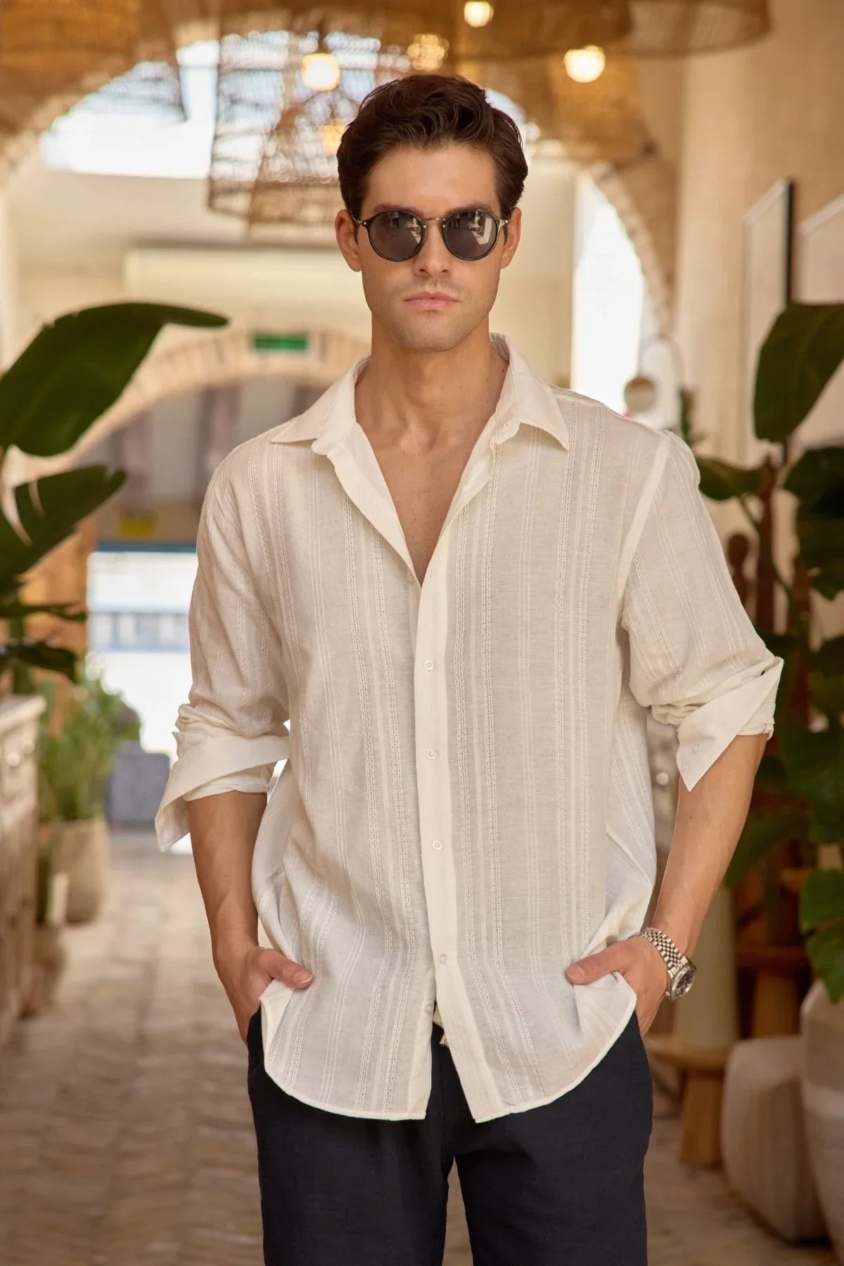 Yuji Kendinden Desenli Keten Görünümlü Pamuk Oversize Erkek Gömlek - Livio Ferri