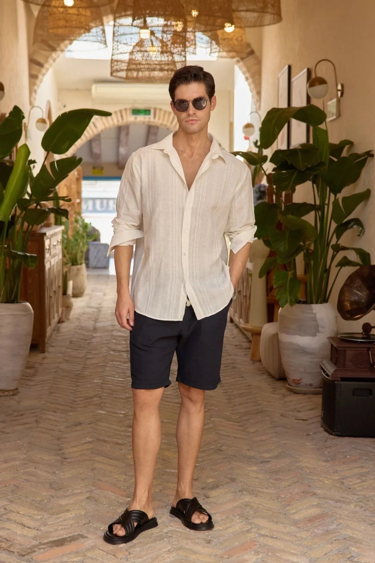 Yuji Kendinden Desenli Keten Görünümlü Pamuk Oversize Erkek Gömlek - Livio Ferri