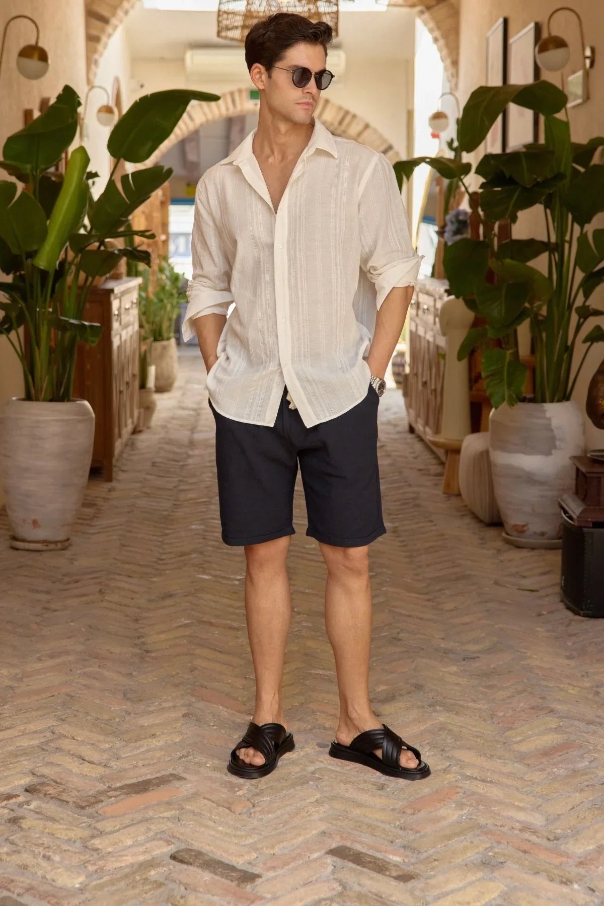 Yuji Kendinden Desenli Keten Görünümlü Pamuk Oversize Erkek Gömlek - Livio Ferri