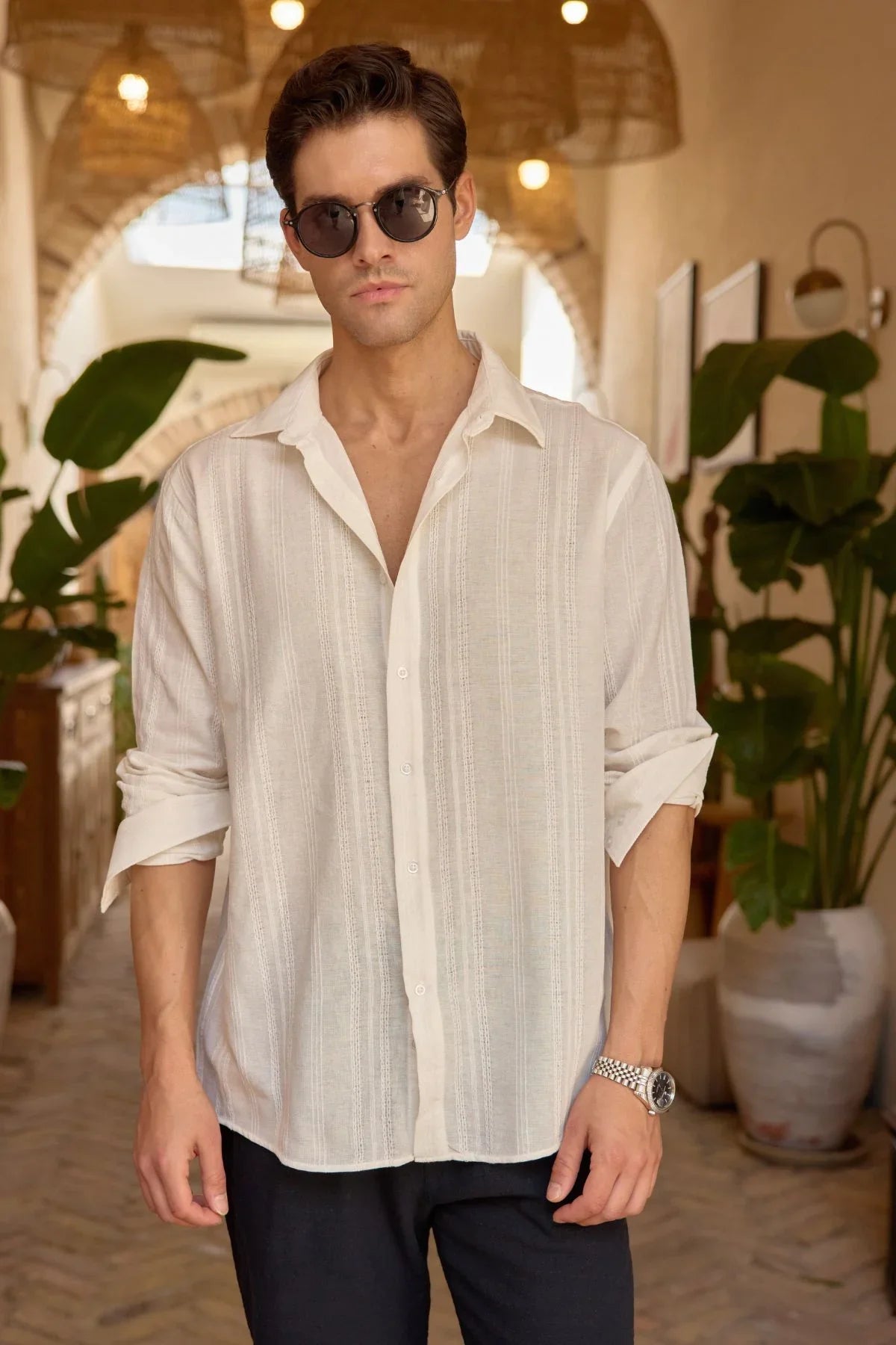 Yuji Kendinden Desenli Keten Görünümlü Pamuk Oversize Erkek Gömlek - Livio Ferri