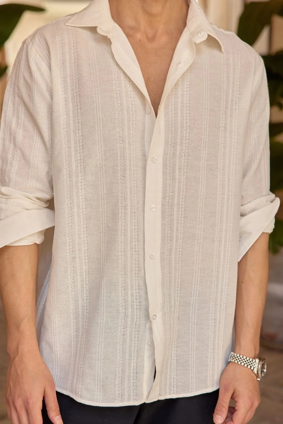 Yuji Kendinden Desenli Keten Görünümlü Pamuk Oversize Erkek Gömlek - Livio Ferri