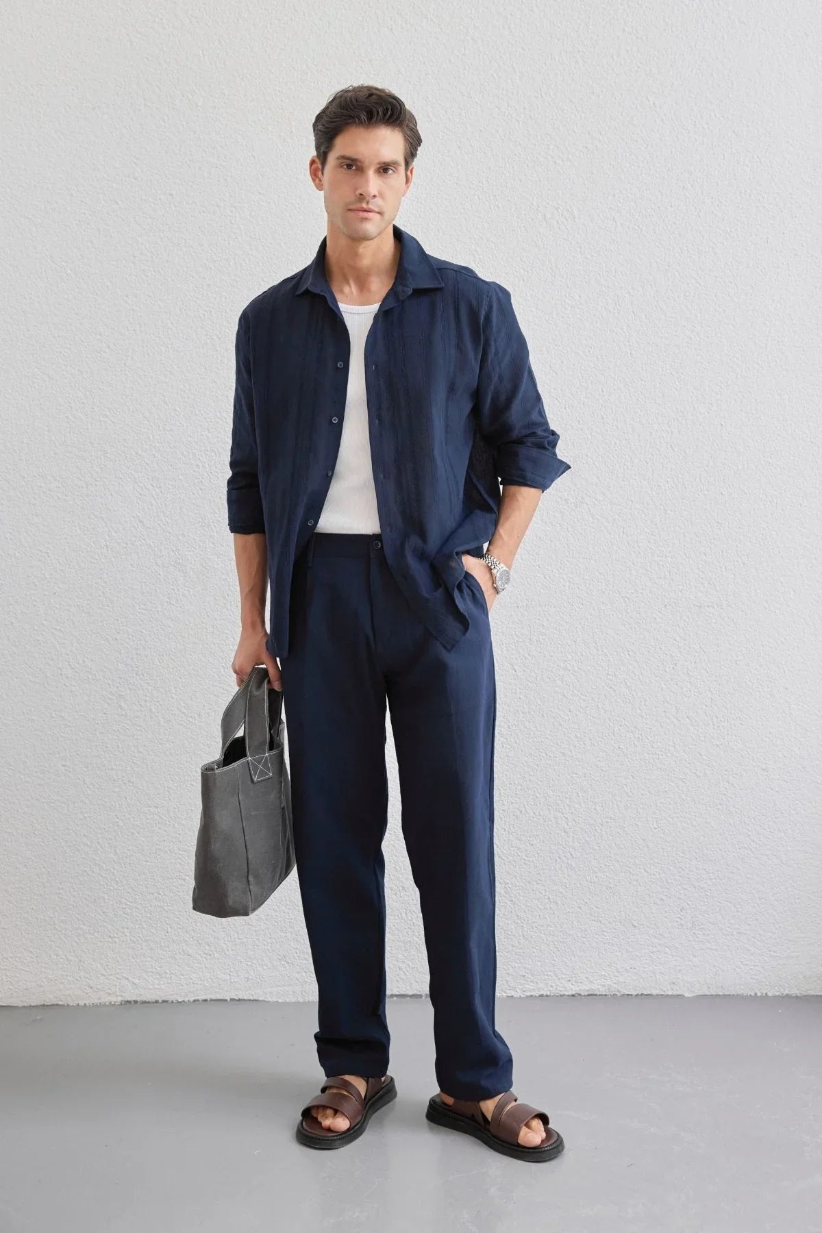 Yuji Kendinden Desenli Keten Görünümlü Pamuk Oversize Erkek Gömlek - Livio Ferri