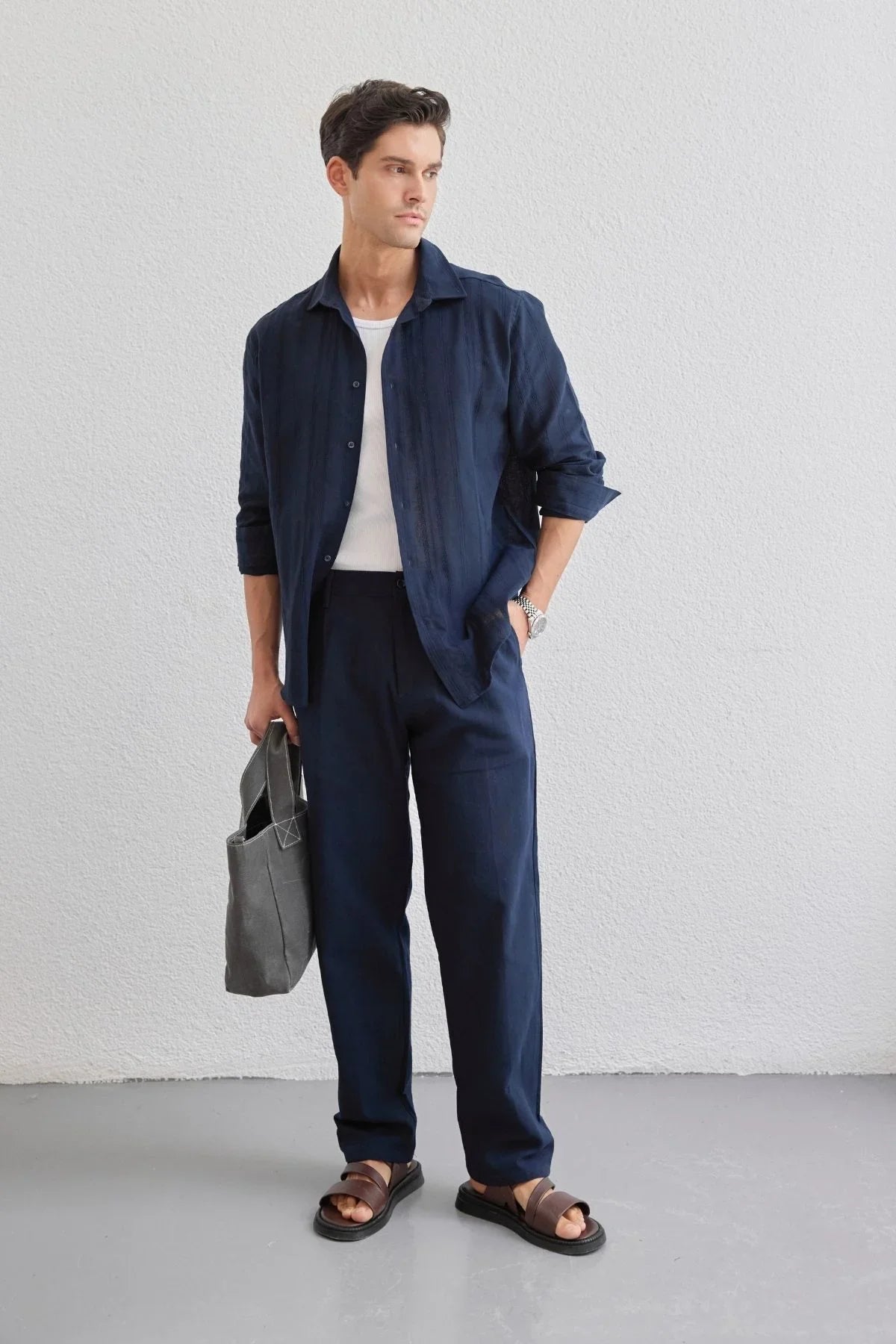 Yuji Kendinden Desenli Keten Görünümlü Pamuk Oversize Erkek Gömlek - Livio Ferri