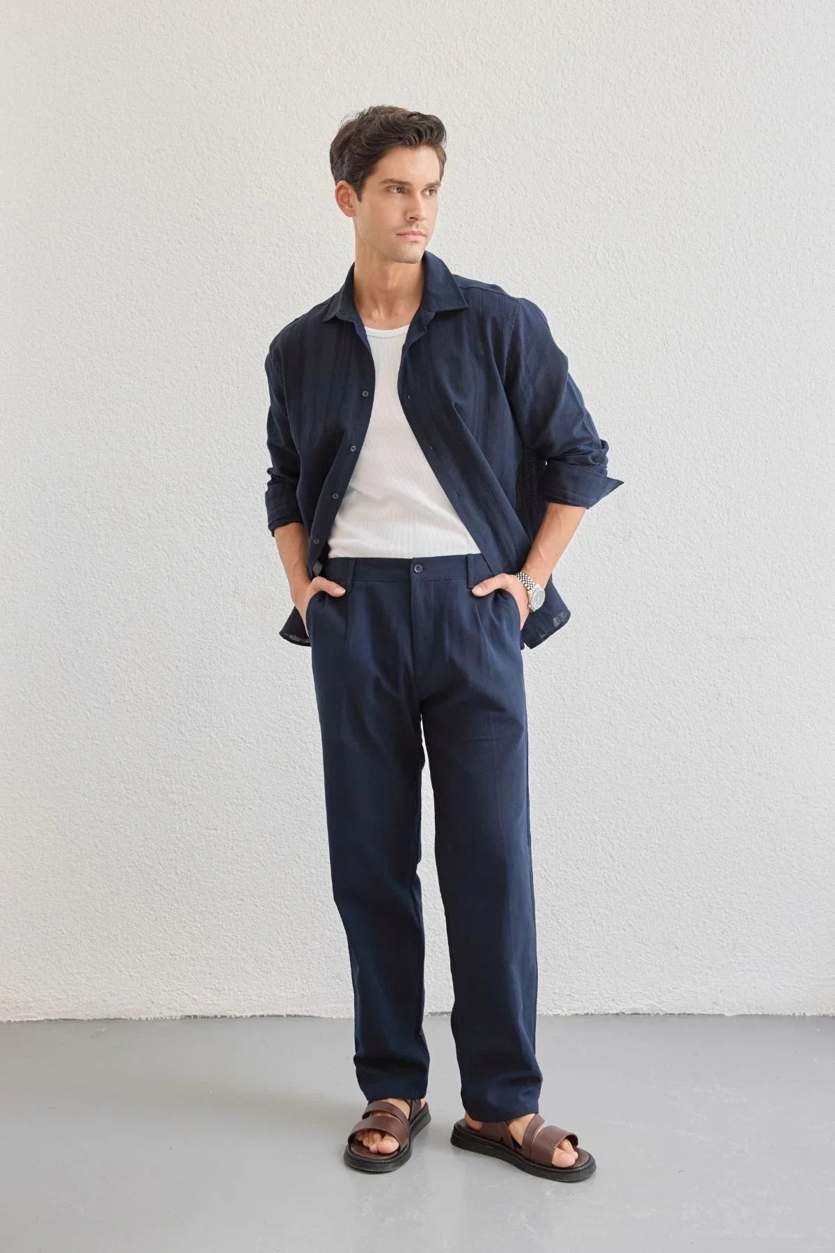 Yuji Kendinden Desenli Keten Görünümlü Pamuk Oversize Erkek Gömlek - Livio Ferri