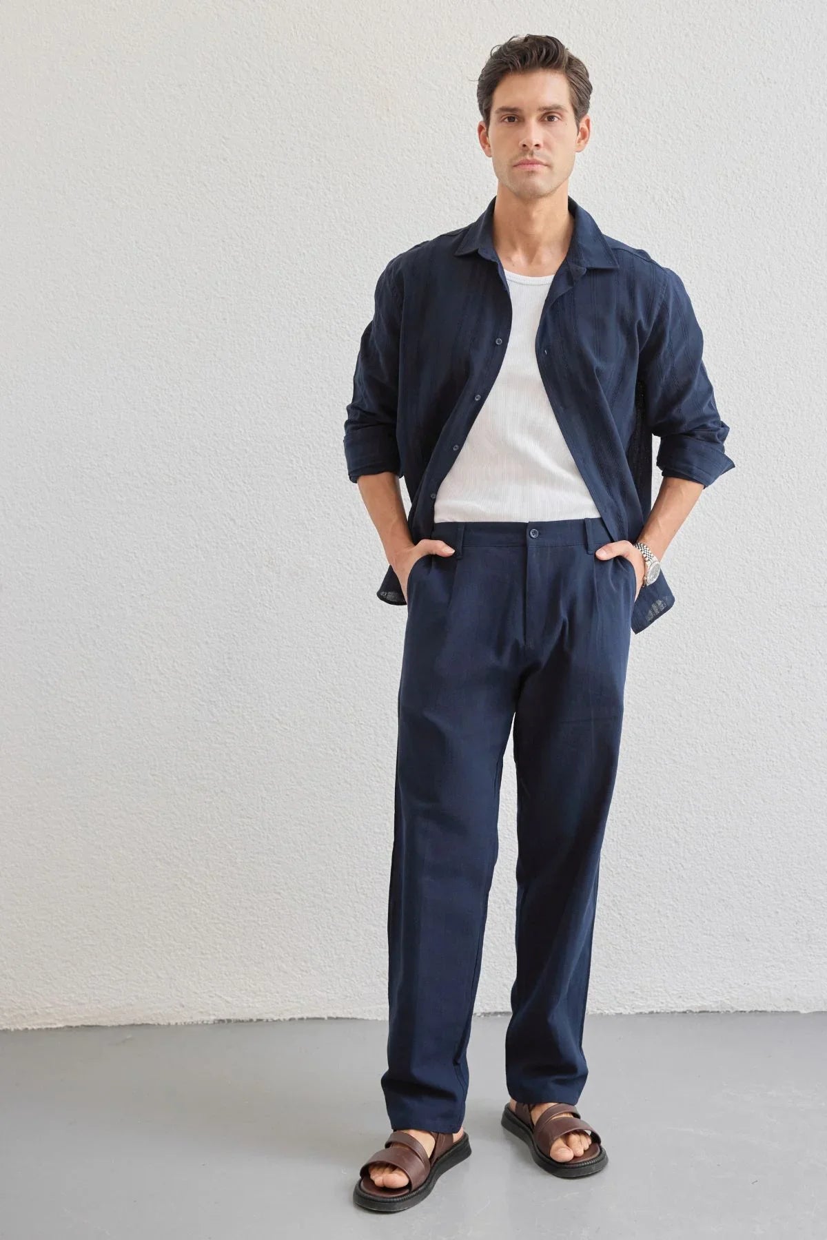 Yuji Kendinden Desenli Keten Görünümlü Pamuk Oversize Erkek Gömlek - Livio Ferri