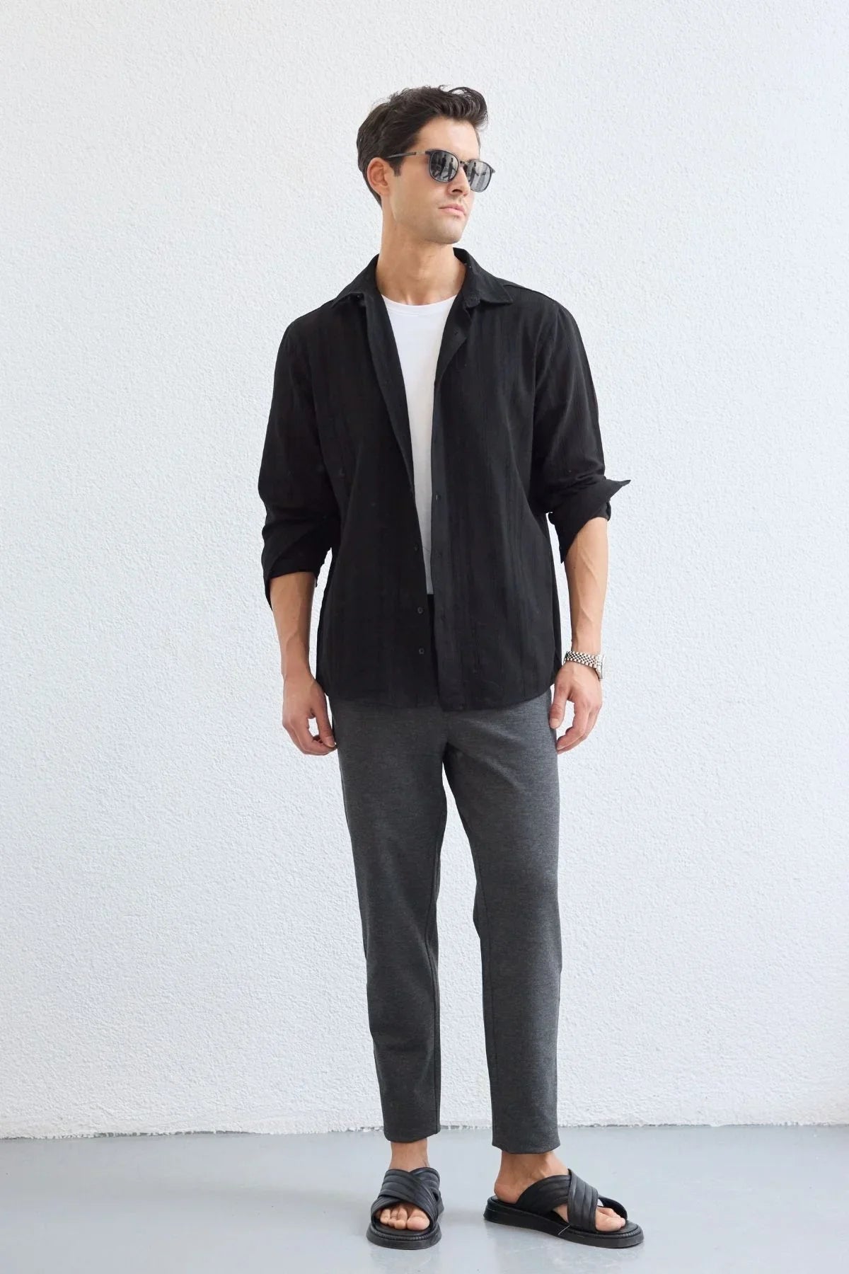 Yuji Kendinden Desenli Keten Görünümlü Pamuk Oversize Erkek Gömlek - Livio Ferri