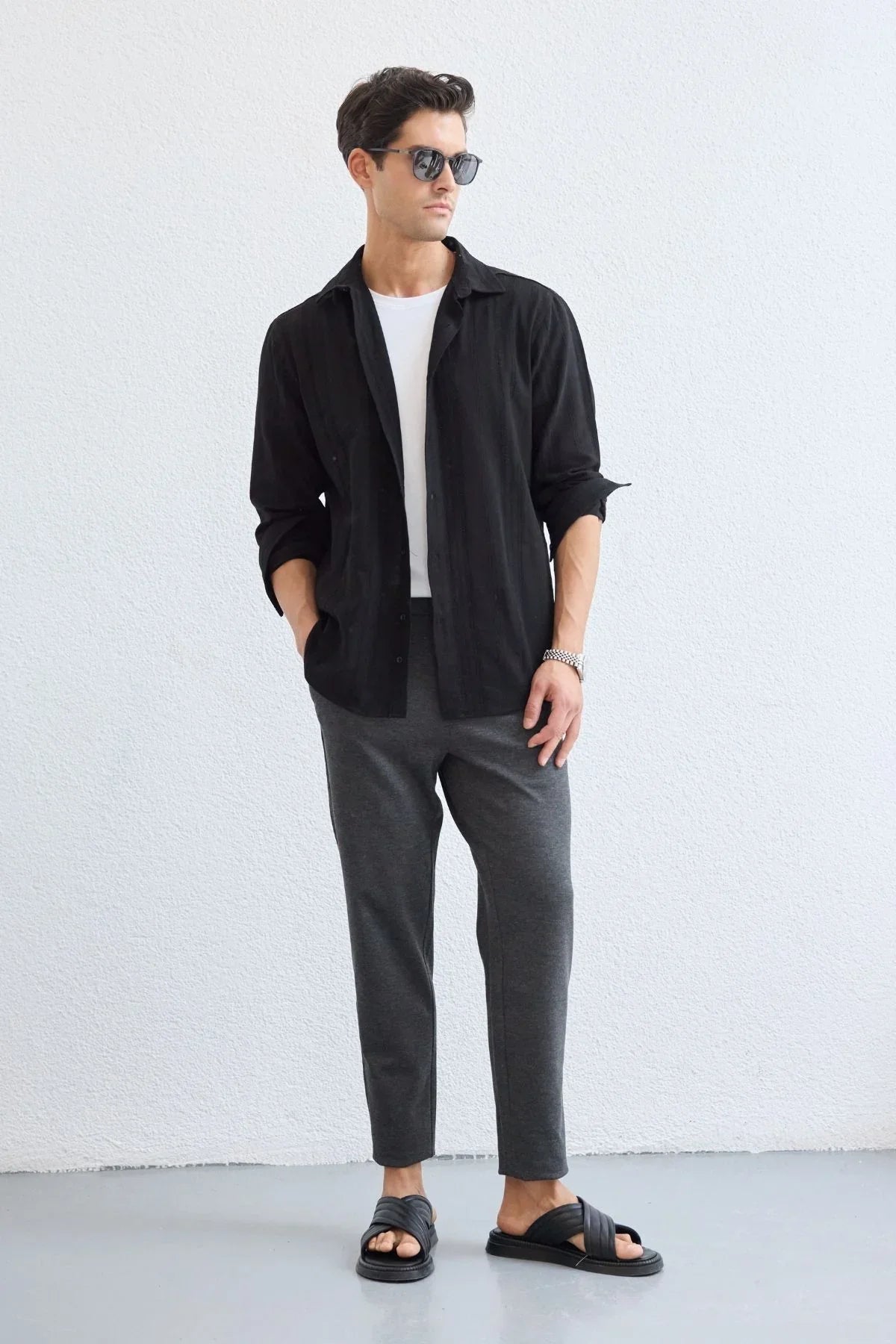 Yuji Kendinden Desenli Keten Görünümlü Pamuk Oversize Erkek Gömlek - Livio Ferri