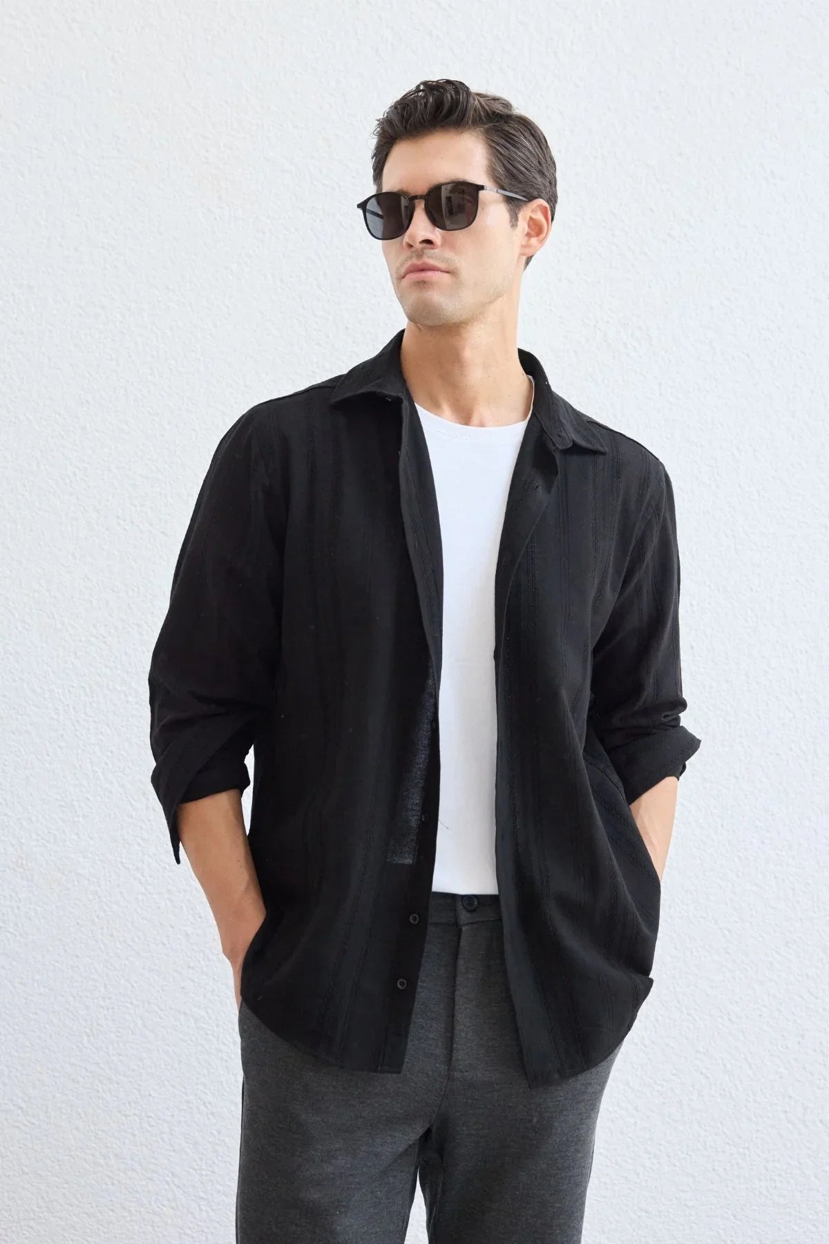 Yuji Kendinden Desenli Keten Görünümlü Pamuk Oversize Erkek Gömlek - Livio Ferri