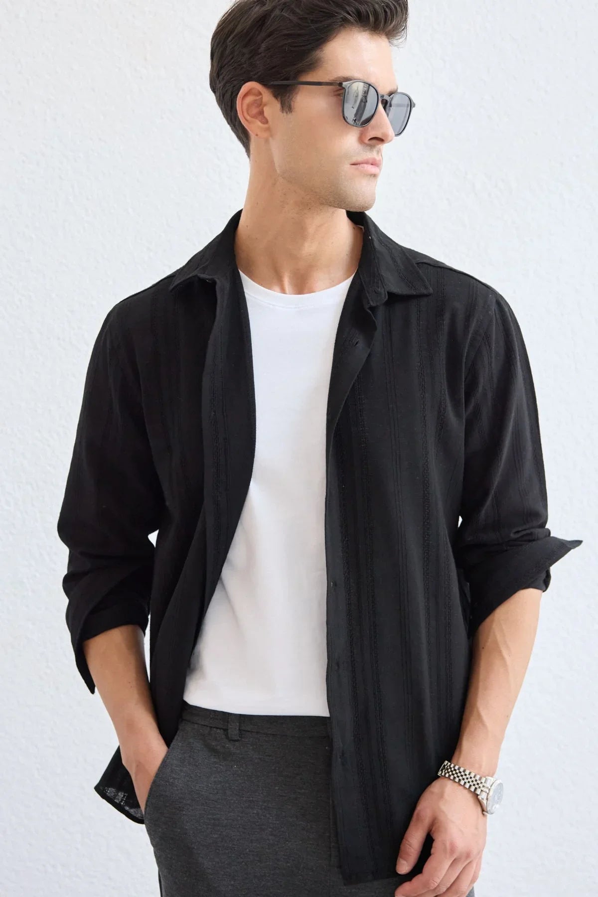 Yuji Kendinden Desenli Keten Görünümlü Pamuk Oversize Erkek Gömlek - Livio Ferri