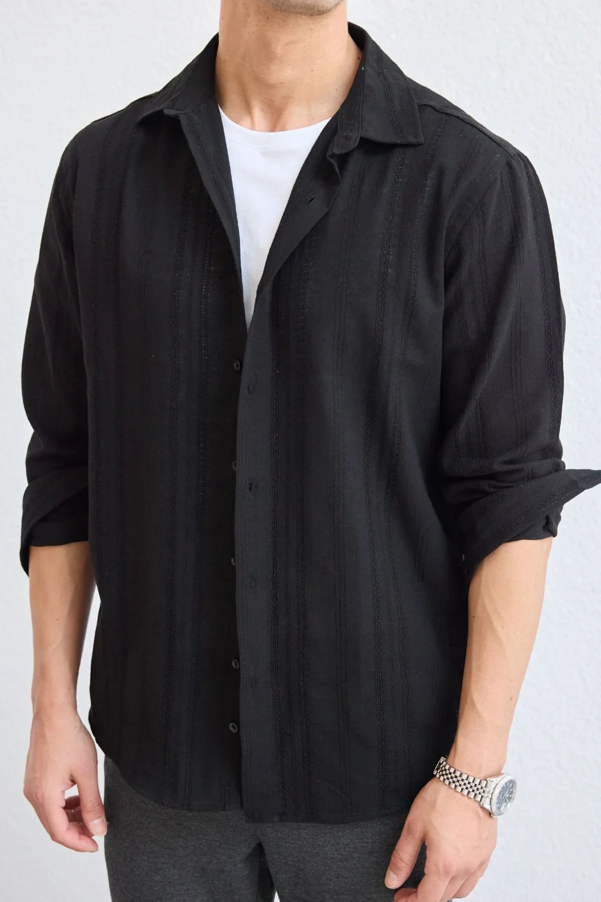 Yuji Kendinden Desenli Keten Görünümlü Pamuk Oversize Erkek Gömlek - Livio Ferri