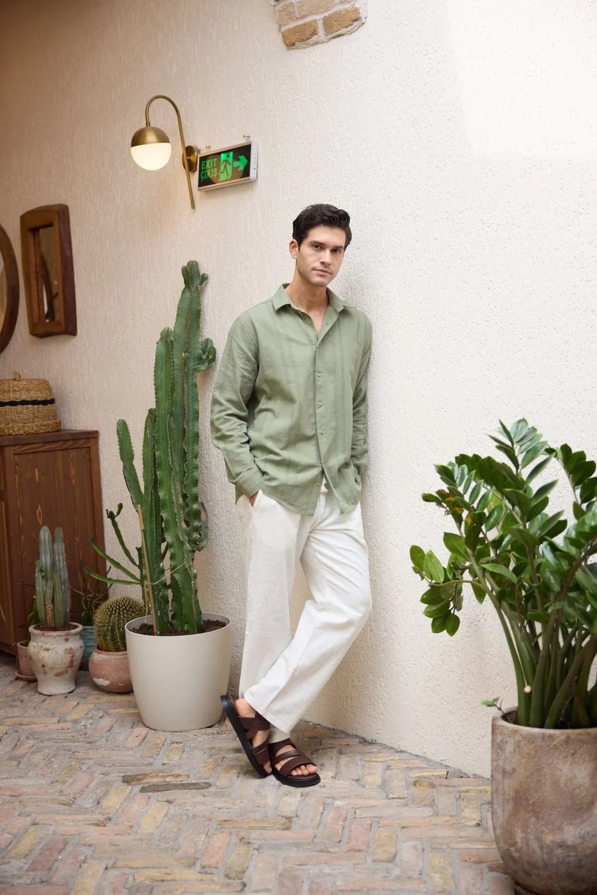 Yuji Kendinden Desenli Keten Görünümlü Pamuk Oversize Erkek Gömlek - Livio Ferri