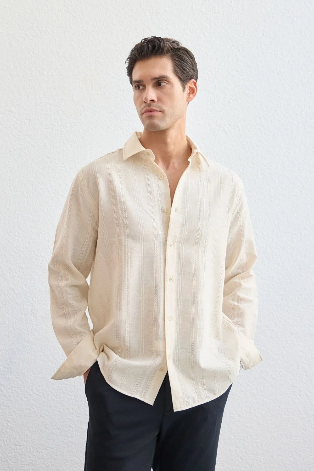 Yuji Kendinden Desenli Keten Görünümlü Pamuk Oversize Erkek Gömlek - Livio Ferri