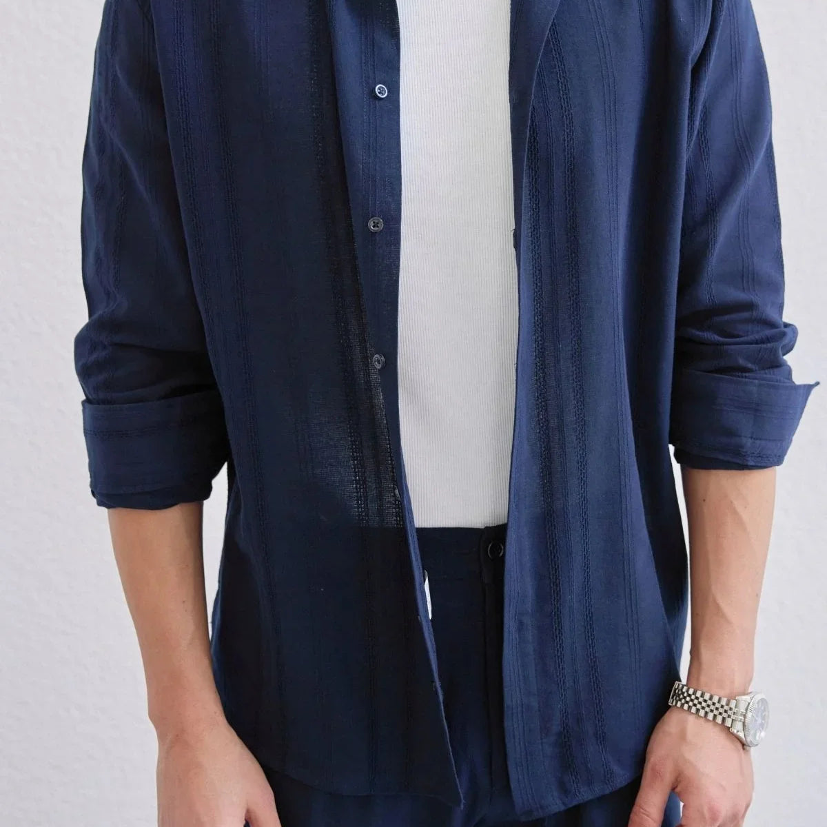 yuji-kendinden-desenli-keten-gorunumlu-pamuk-oversize-erkek-gomlek-23972 - Livio Ferri