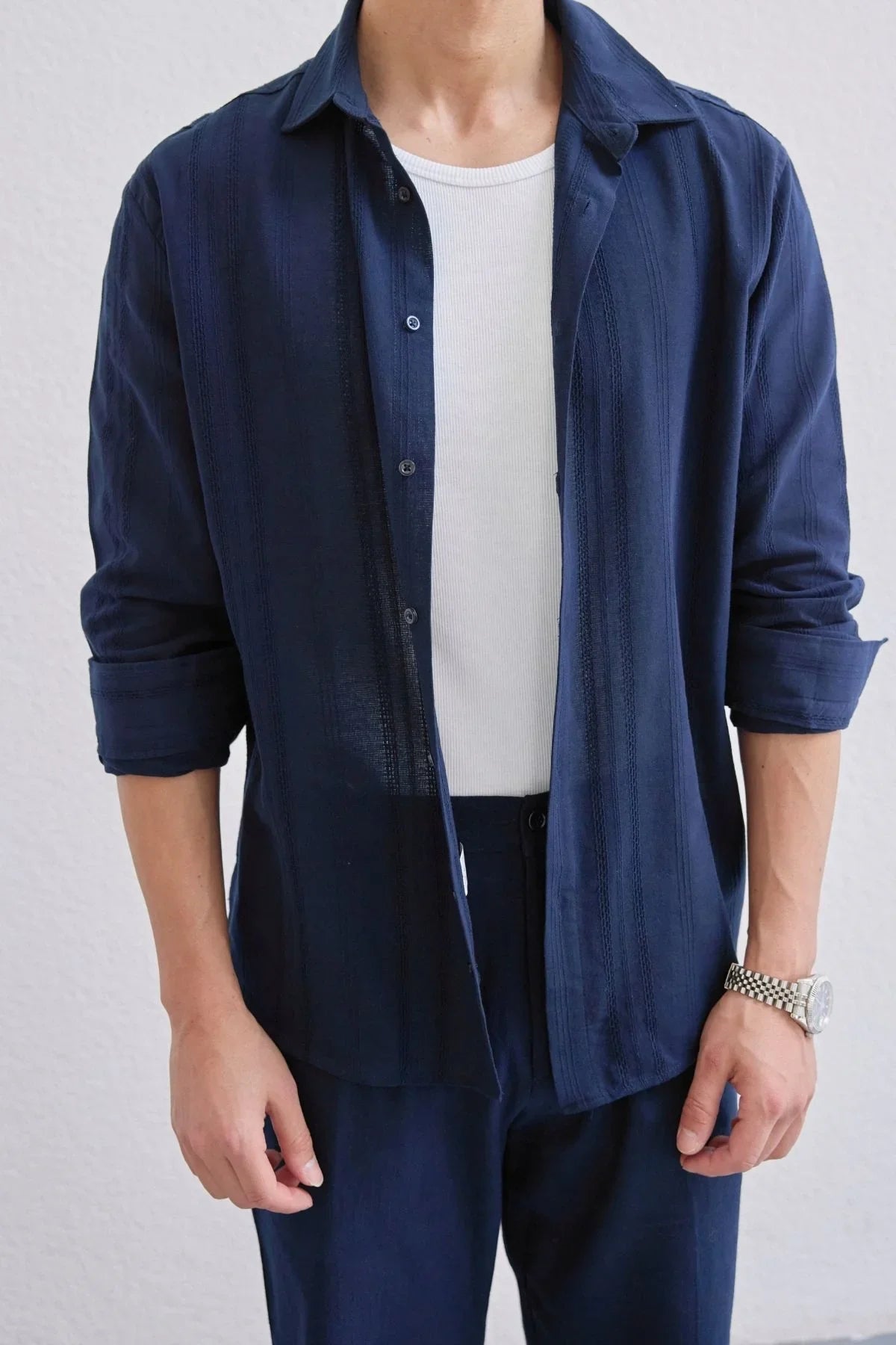 Yuji Kendinden Desenli Keten Görünümlü Pamuk Oversize Erkek Gömlek - Livio Ferri