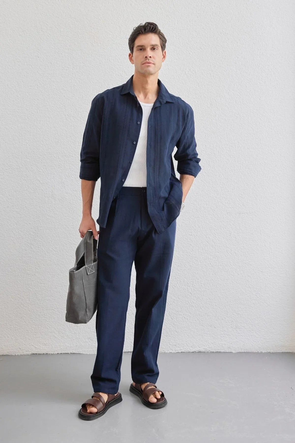 Yuji Kendinden Desenli Keten Görünümlü Pamuk Oversize Erkek Gömlek - Livio Ferri