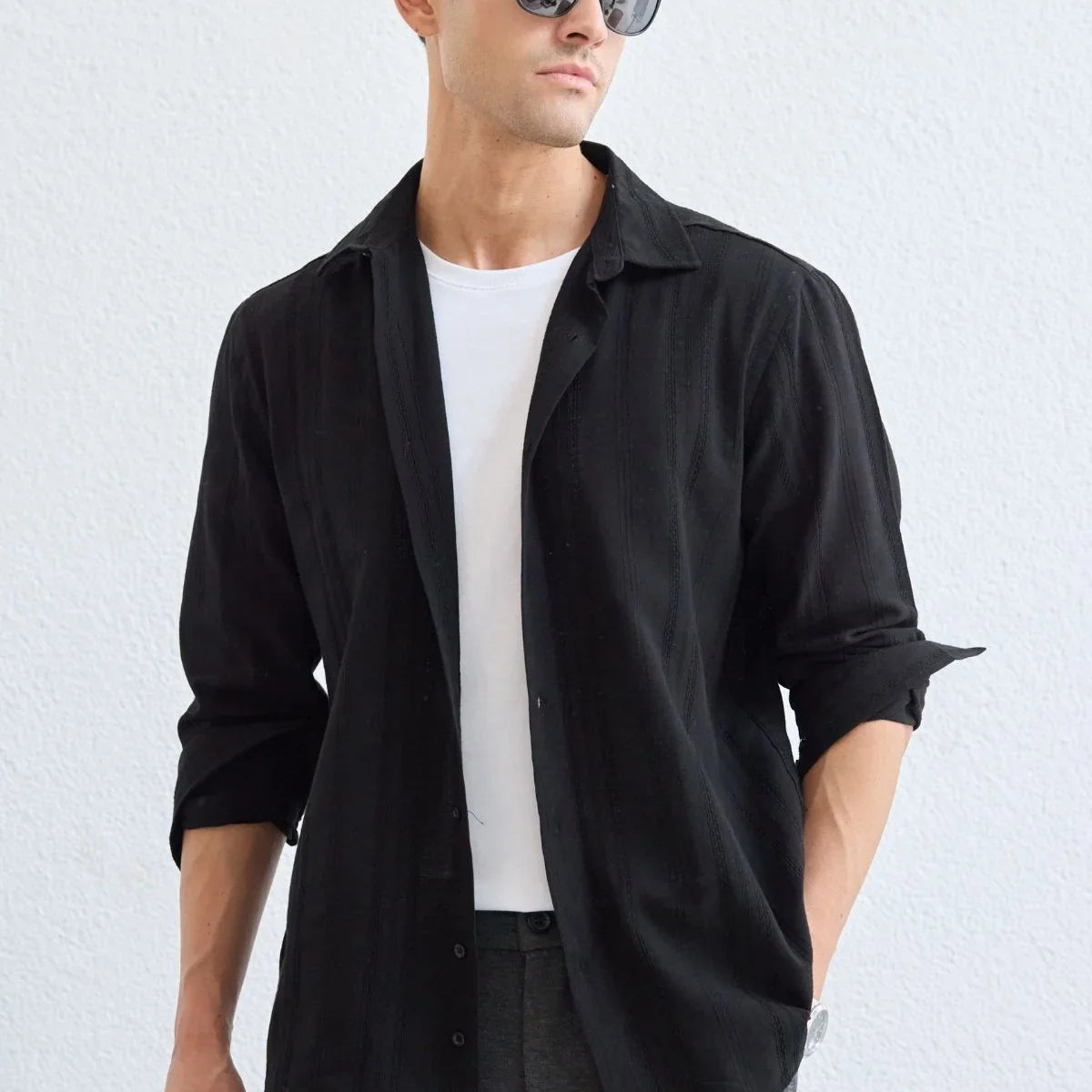 yuji-kendinden-desenli-keten-gorunumlu-pamuk-oversize-erkek-gomlek-23974 - Livio Ferri