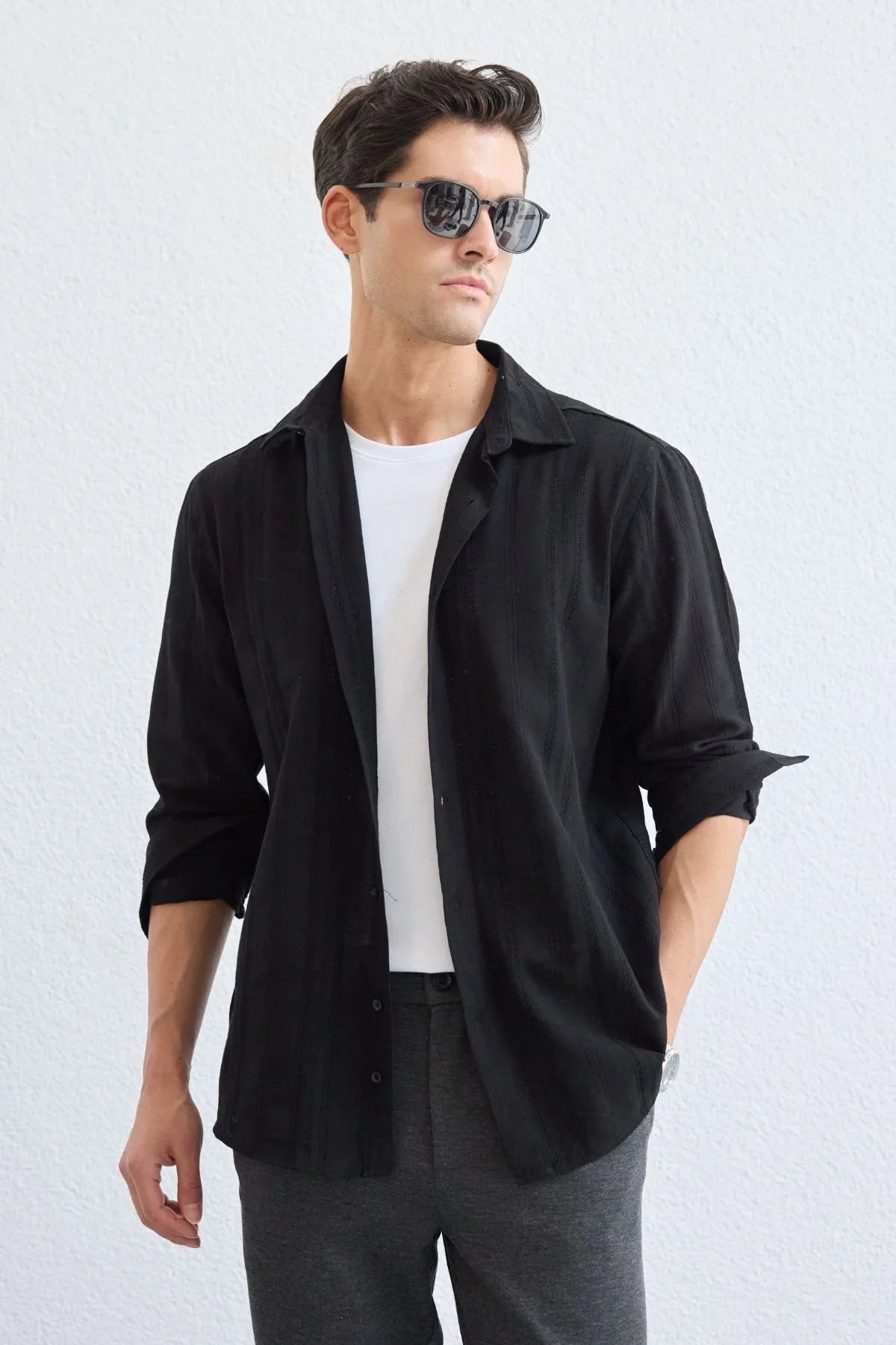 Yuji Kendinden Desenli Keten Görünümlü Pamuk Oversize Erkek Gömlek - Livio Ferri