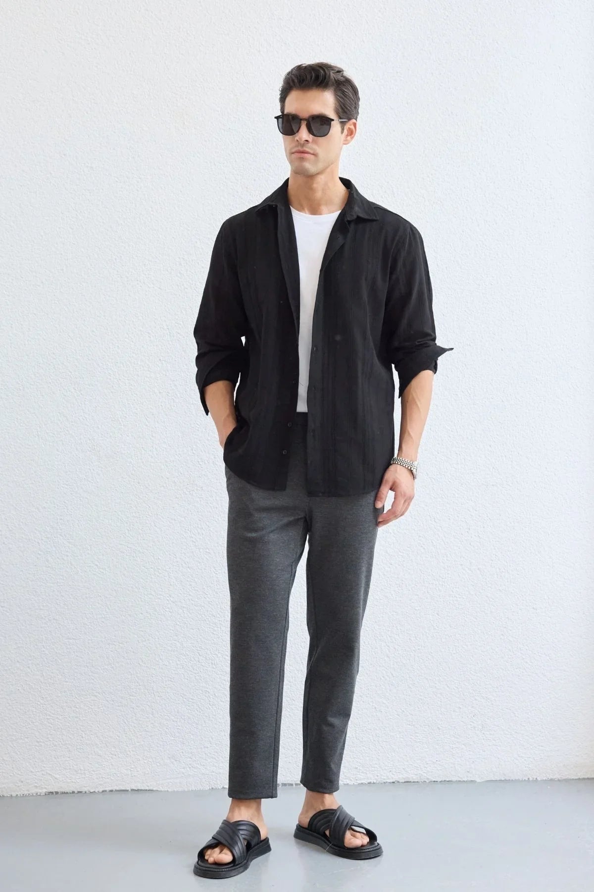 Yuji Kendinden Desenli Keten Görünümlü Pamuk Oversize Erkek Gömlek - Livio Ferri