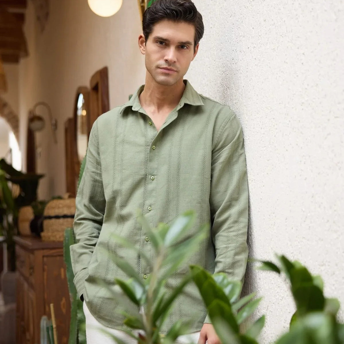 yuji-kendinden-desenli-keten-gorunumlu-pamuk-oversize-erkek-gomlek-23976 - Livio Ferri