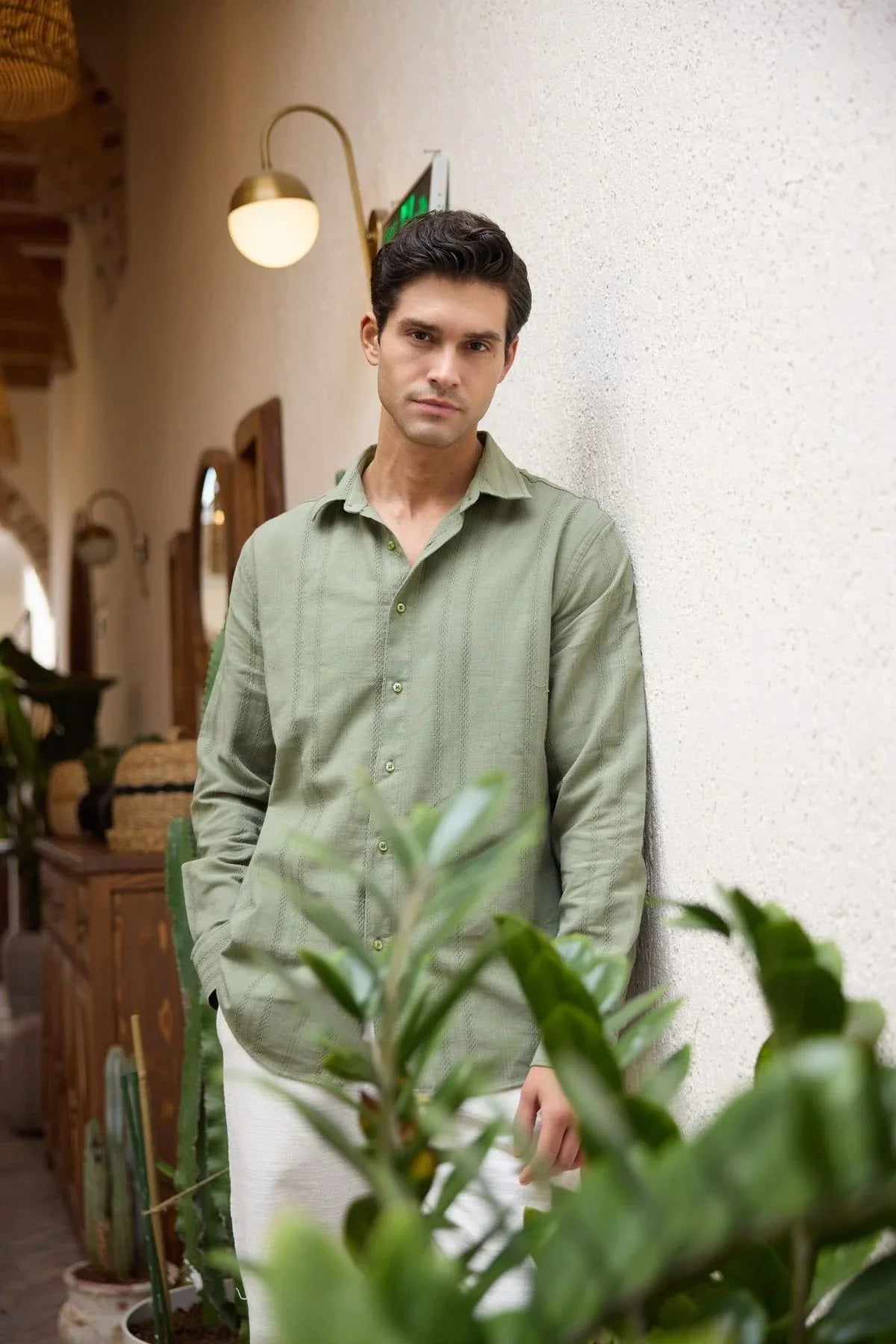 Yuji Kendinden Desenli Keten Görünümlü Pamuk Oversize Erkek Gömlek - Livio Ferri