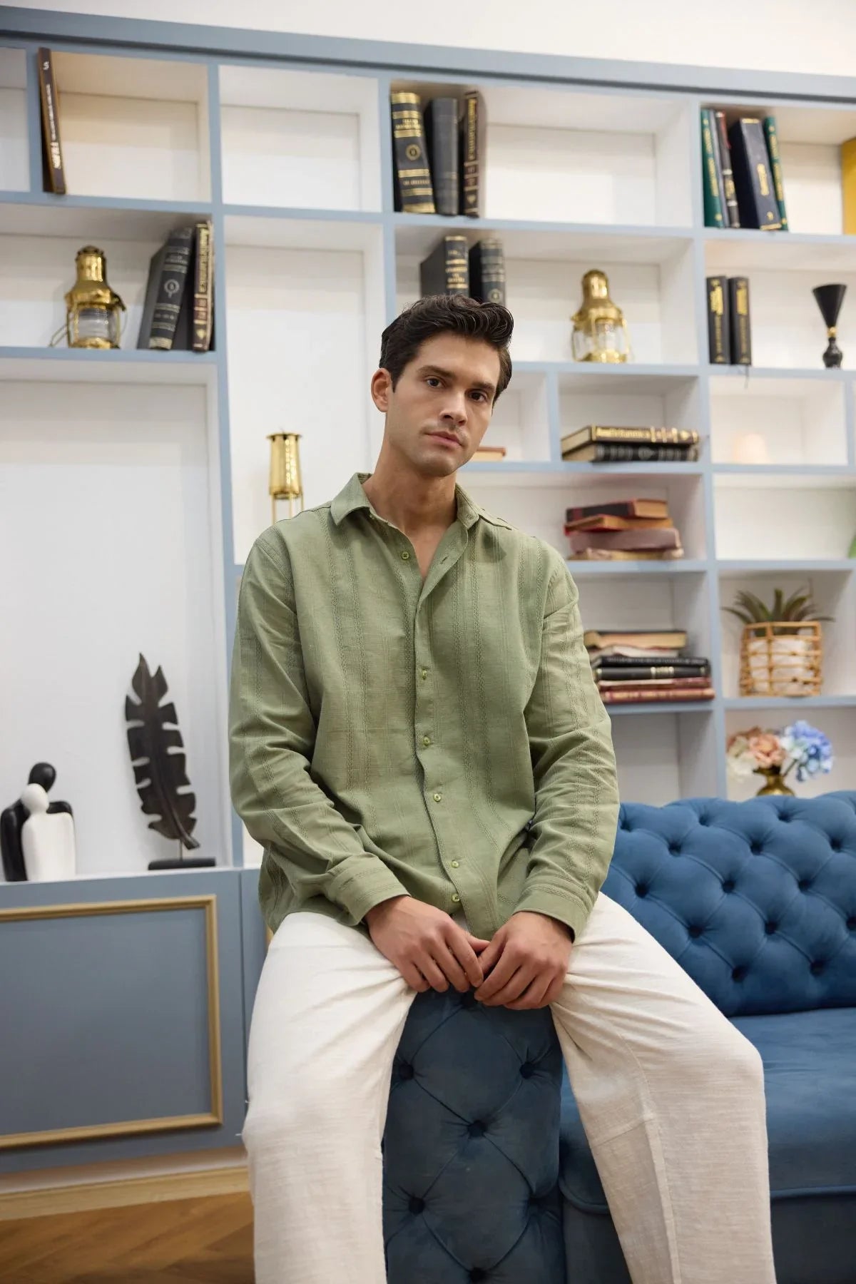 Yuji Kendinden Desenli Keten Görünümlü Pamuk Oversize Erkek Gömlek - Livio Ferri