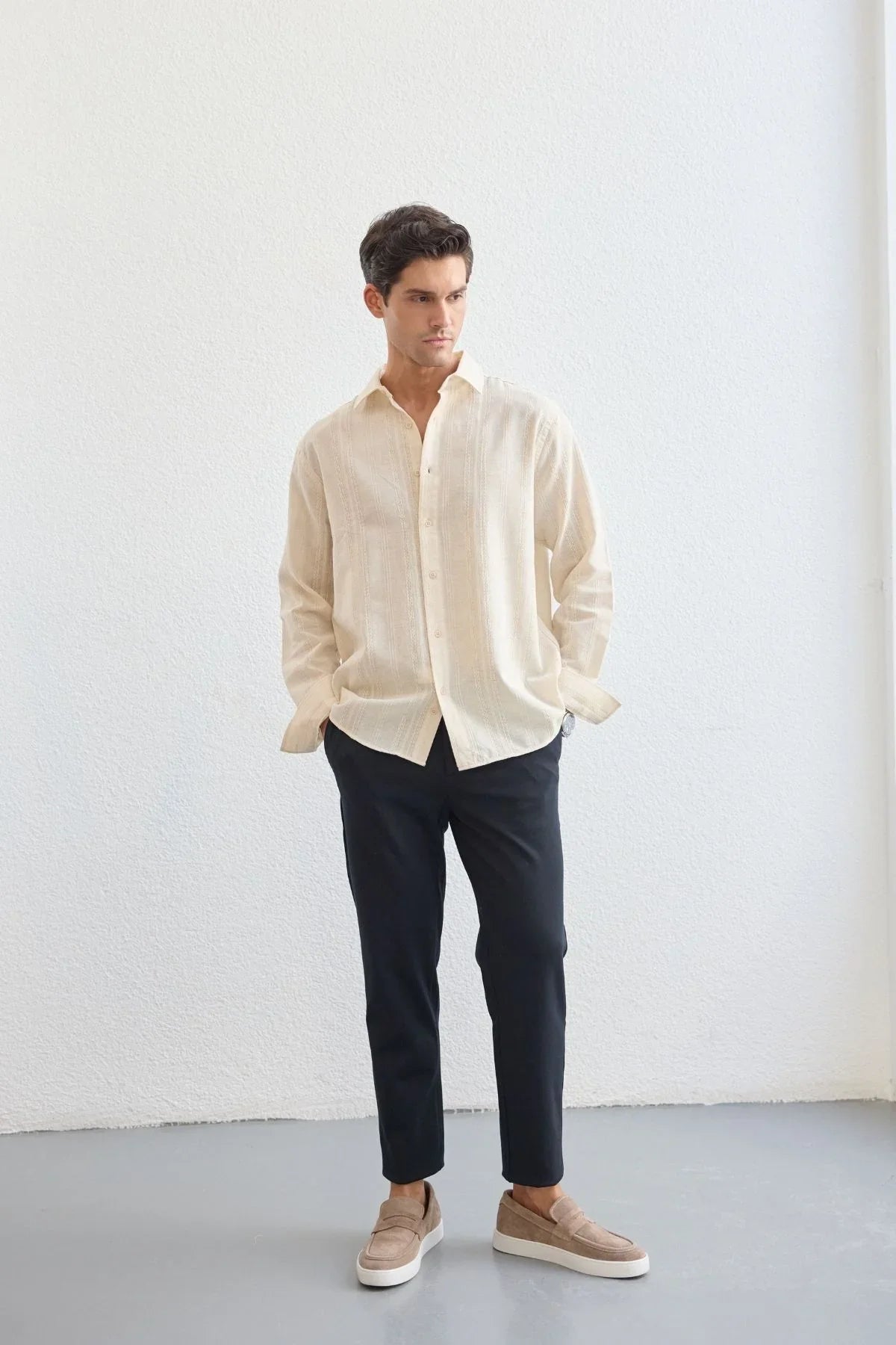 Yuji Kendinden Desenli Keten Görünümlü Pamuk Oversize Erkek Gömlek - Livio Ferri