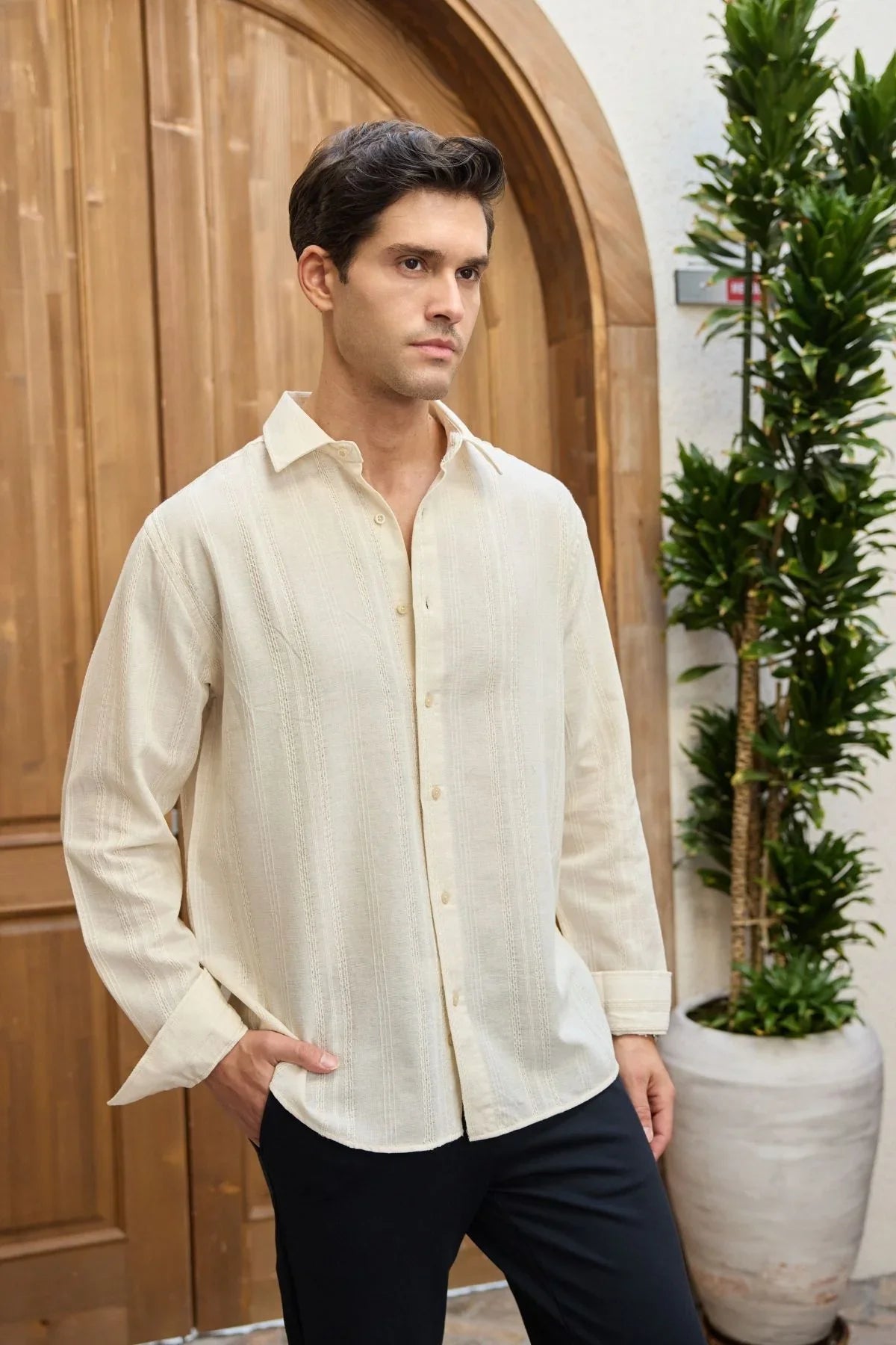 Yuji Kendinden Desenli Keten Görünümlü Pamuk Oversize Erkek Gömlek - Livio Ferri