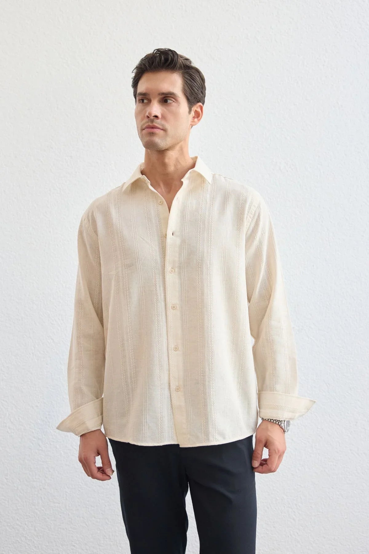 Yuji Kendinden Desenli Keten Görünümlü Pamuk Oversize Erkek Gömlek - Livio Ferri