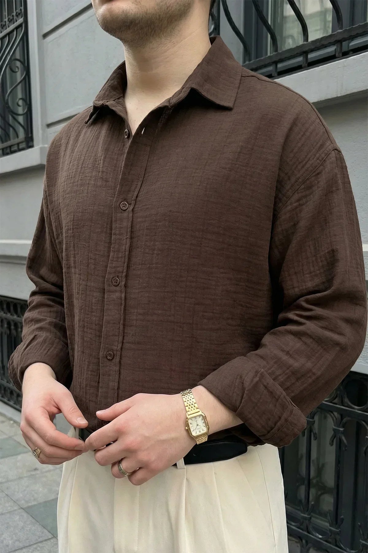 Yurin Erkek Premium Müslin %100 Pamuk Oversize Uzun Kollu Gömlek - Livio Ferri