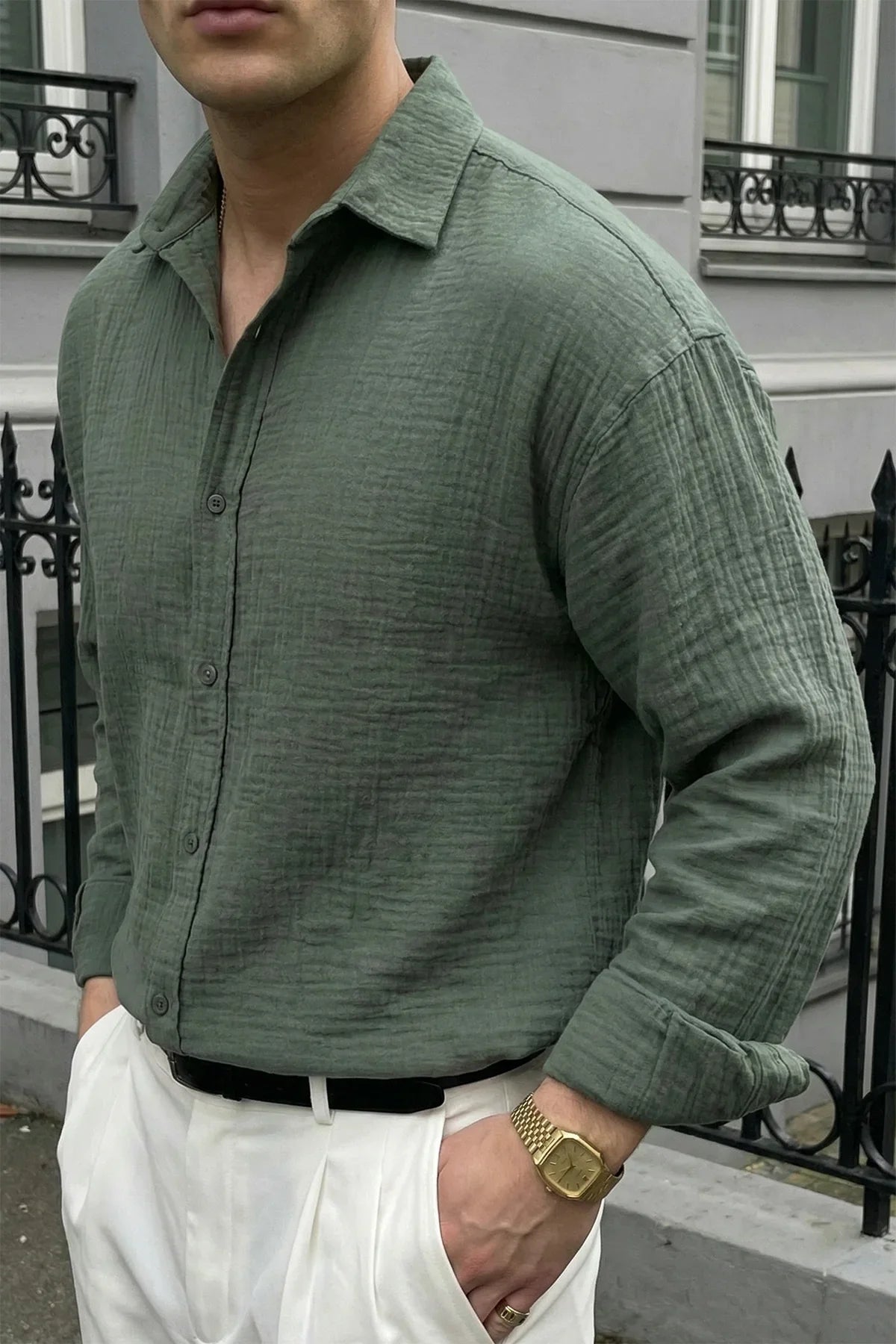Yurin Erkek Premium Müslin %100 Pamuk Oversize Uzun Kollu Gömlek - Livio Ferri