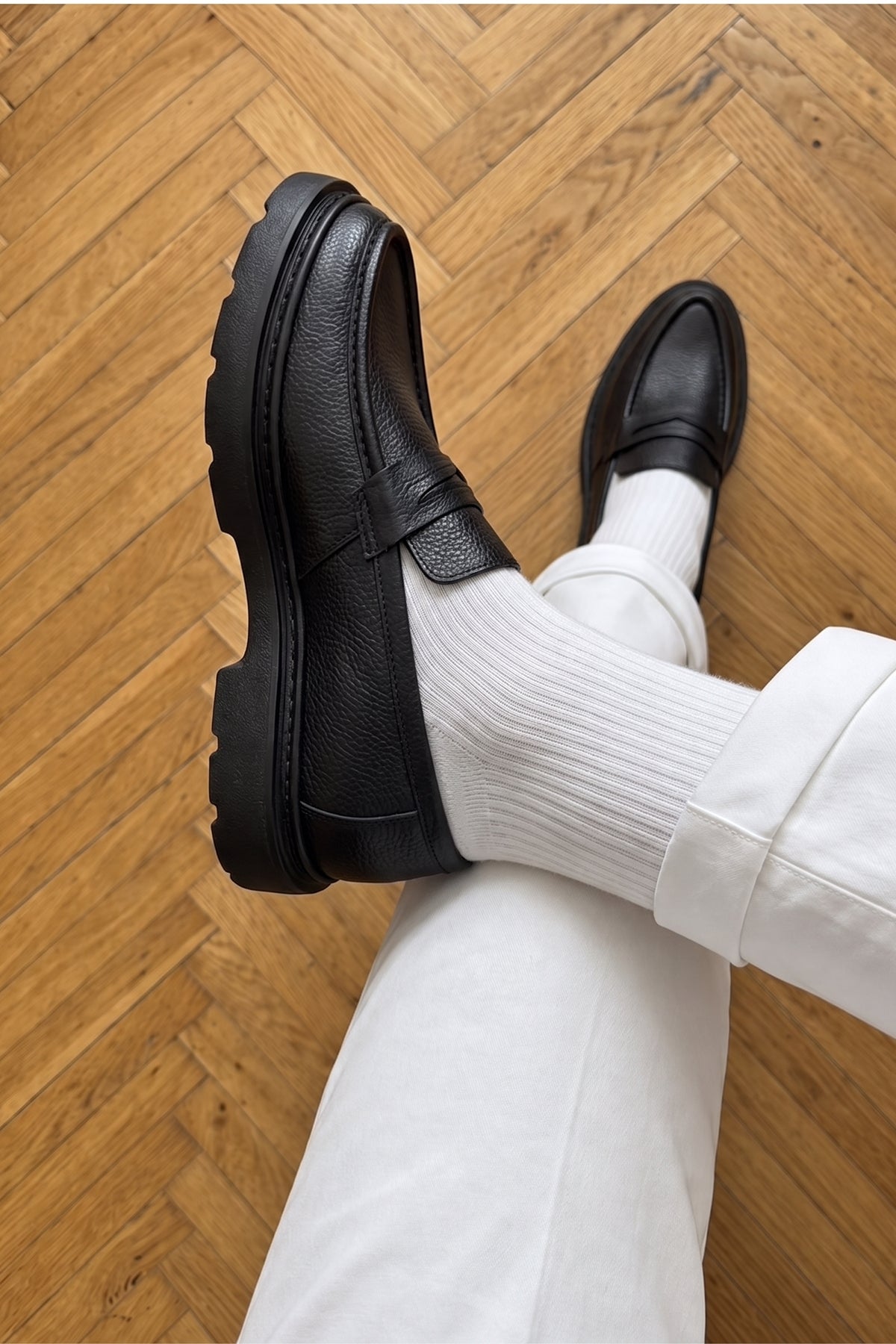 Acari Hakiki Deri Dokulu Kalın Taban Penny Loafer Erkek Ayakkabı