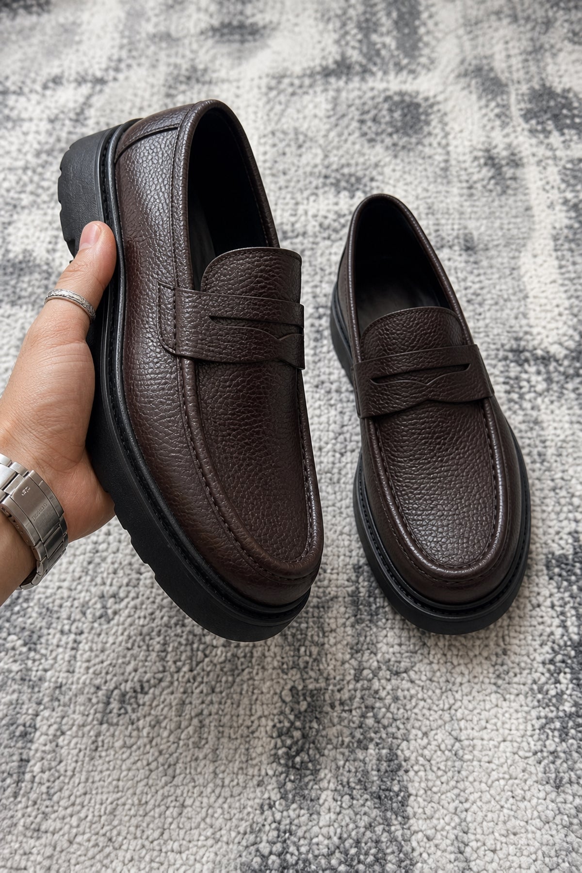 Acari Hakiki Deri Dokulu Kalın Taban Penny Loafer Erkek Ayakkabı