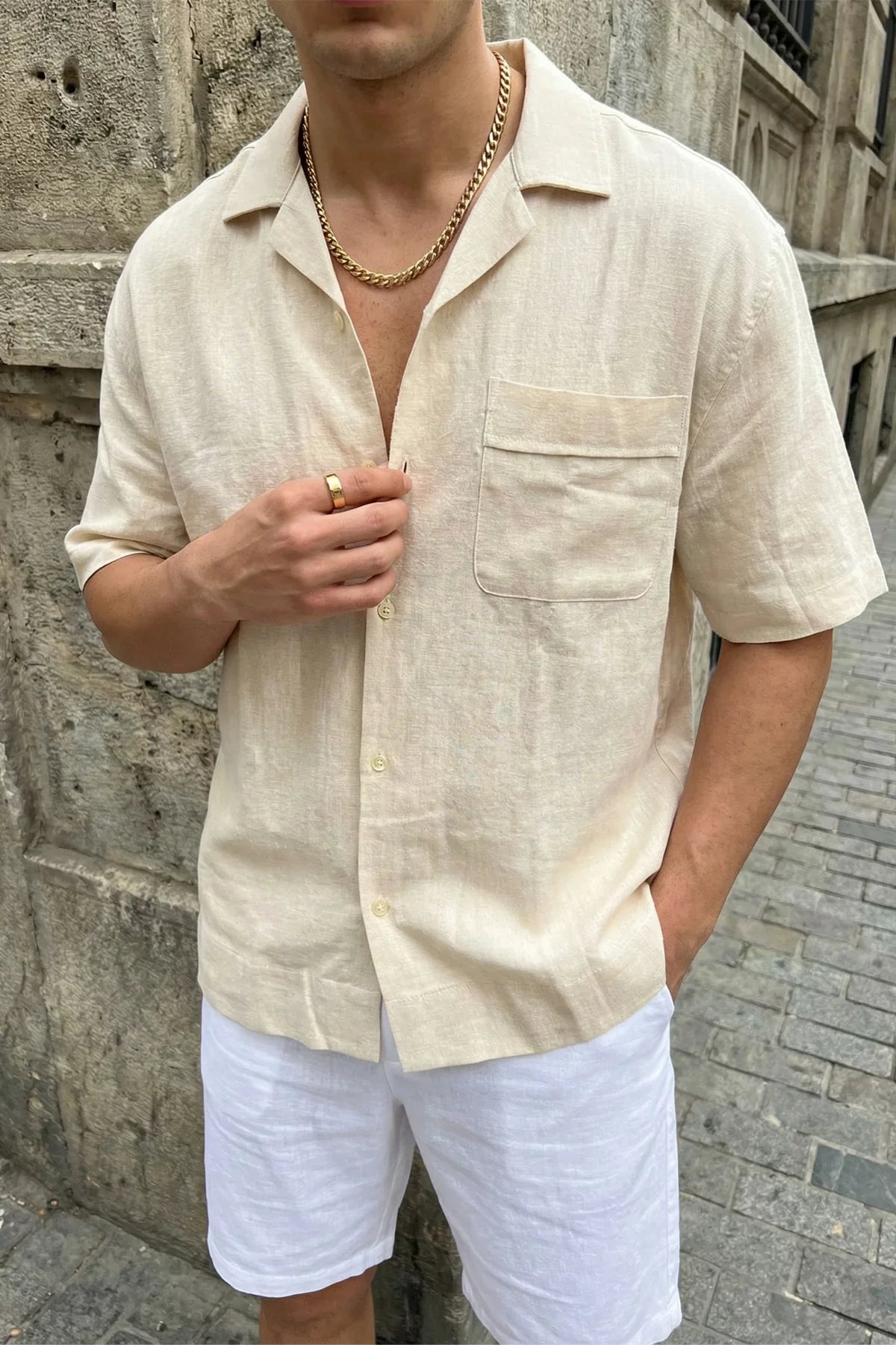 Akita %100 Pamuk Erkek Kısa Kol Keten Gömlek Relaxed Fit - Livio Ferri
