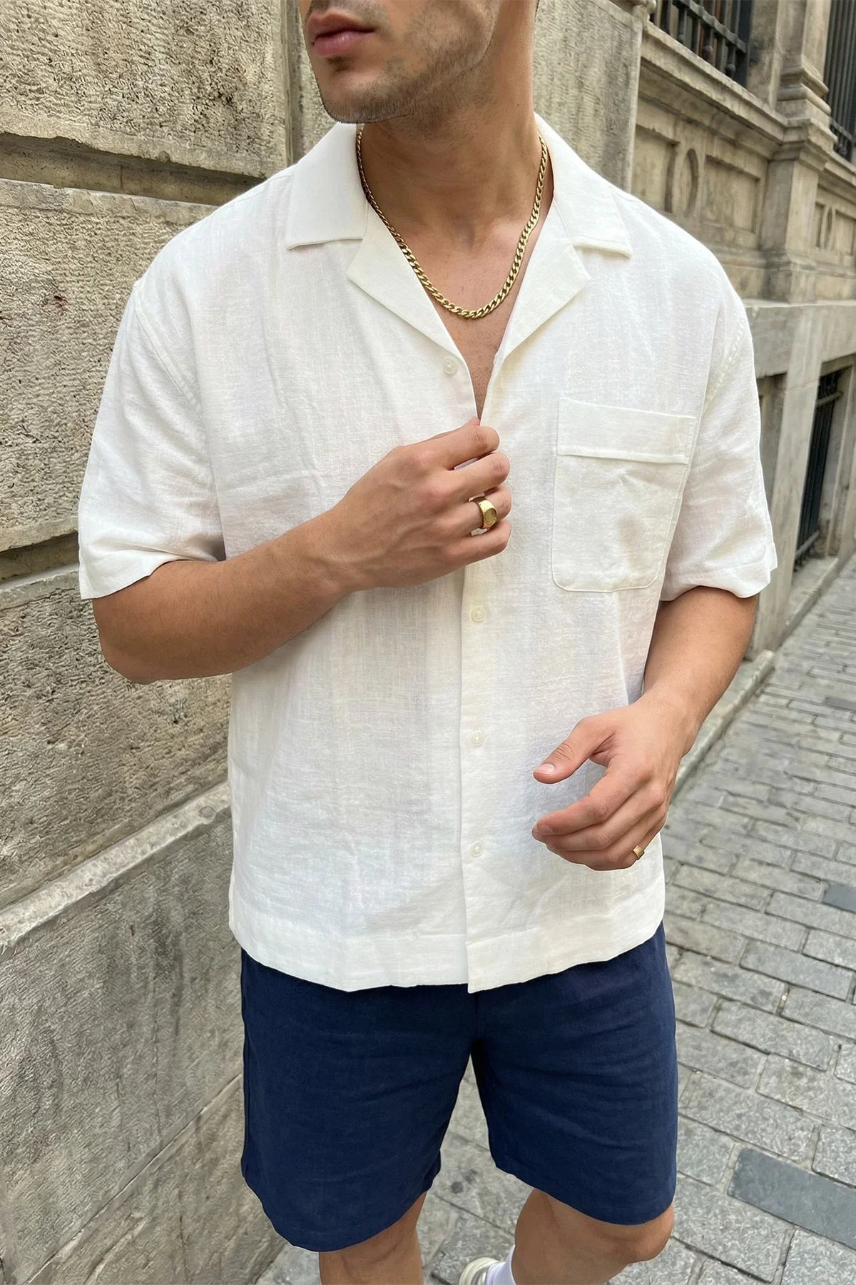 Akita %100 Pamuk Erkek Kısa Kol Keten Gömlek Relaxed Fit - Livio Ferri