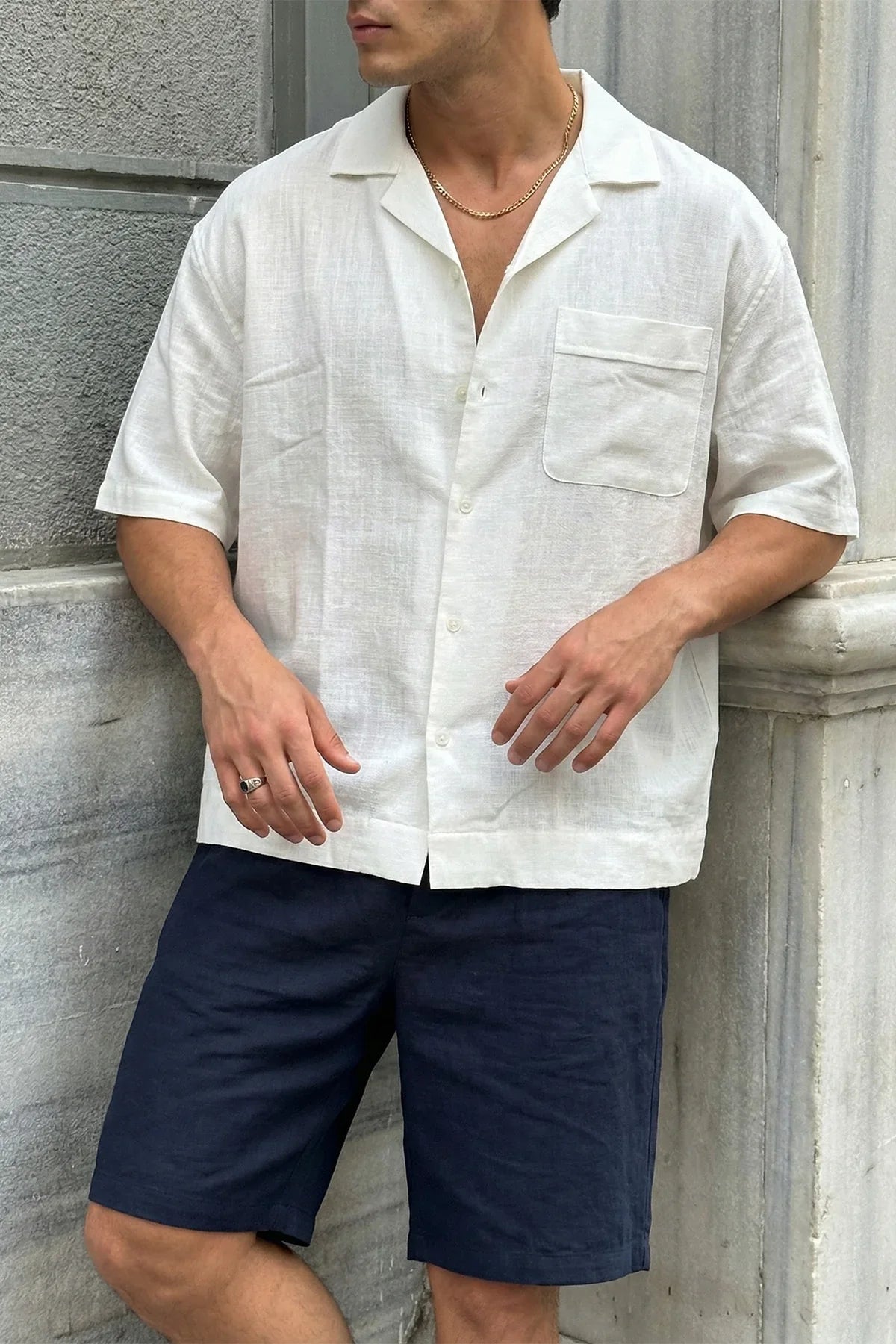 Akita %100 Pamuk Erkek Kısa Kol Keten Gömlek Relaxed Fit - Livio Ferri