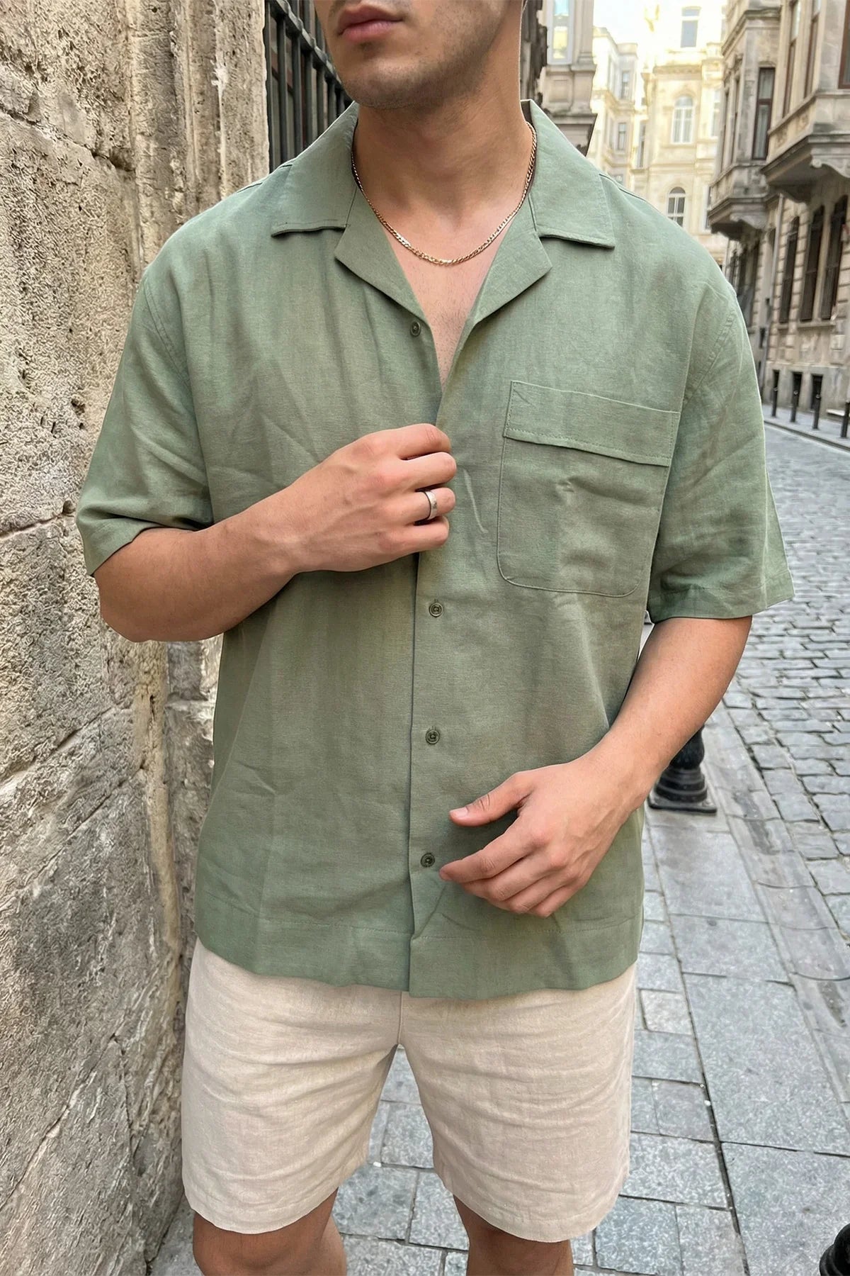 Akita %100 Pamuk Erkek Kısa Kol Keten Gömlek Relaxed Fit - Livio Ferri