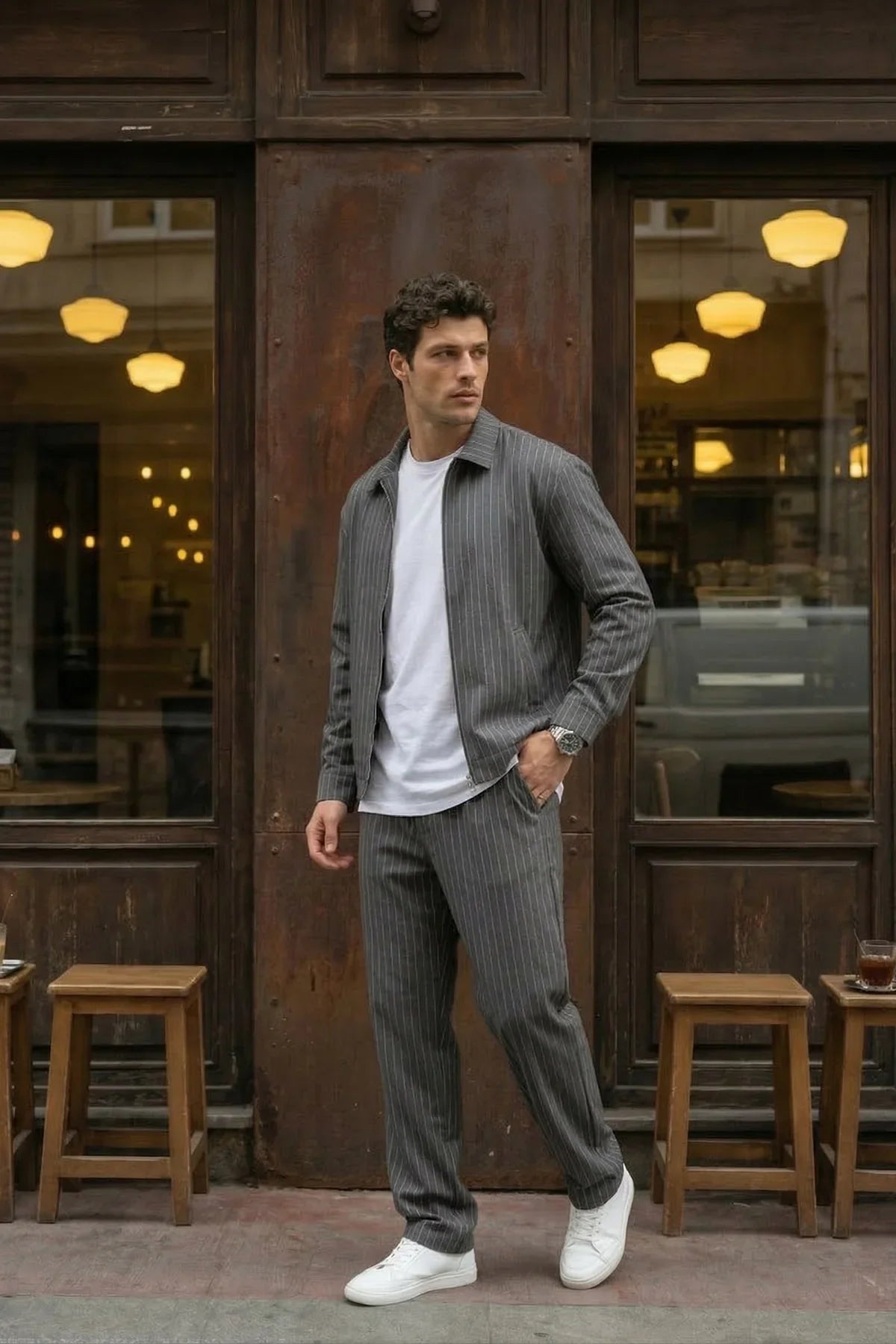 Aniva Erkek Çizgili Geniş Kalıp İkili Takım Ceket Pantolon